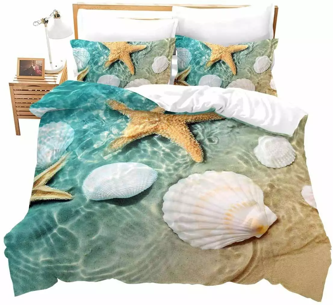 Starfish Reef Coastal Beach Quilt Set. 3 Piece Bedding Set with 2 Pillowcases & 1 Quilt Cover.Twin/Full/Queen/King Size