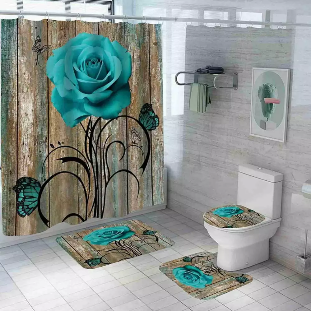 Aosijia 4 Pcs Rustic Farmhouse Shower Curtain Set Farm Floral Flowers and Butterfly on Country Wooden Shower Curtain with 12PCS Hooks for Bathroom