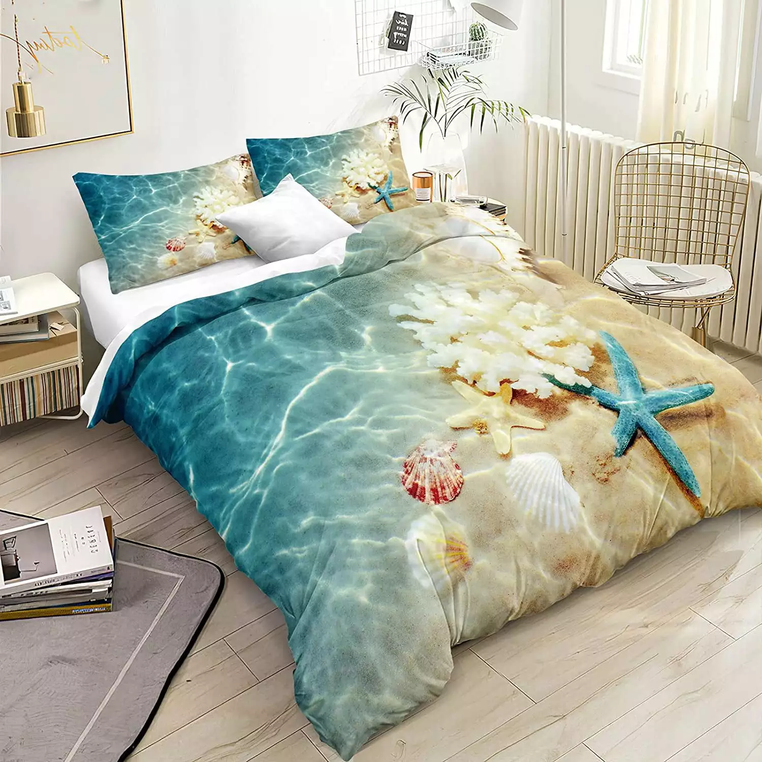 Starfish Reef Coastal Beach Quilt Set. 3 Piece Bedding Set with 2 Pillowcases & 1 Quilt Cover.Twin/Full/Queen/King Size