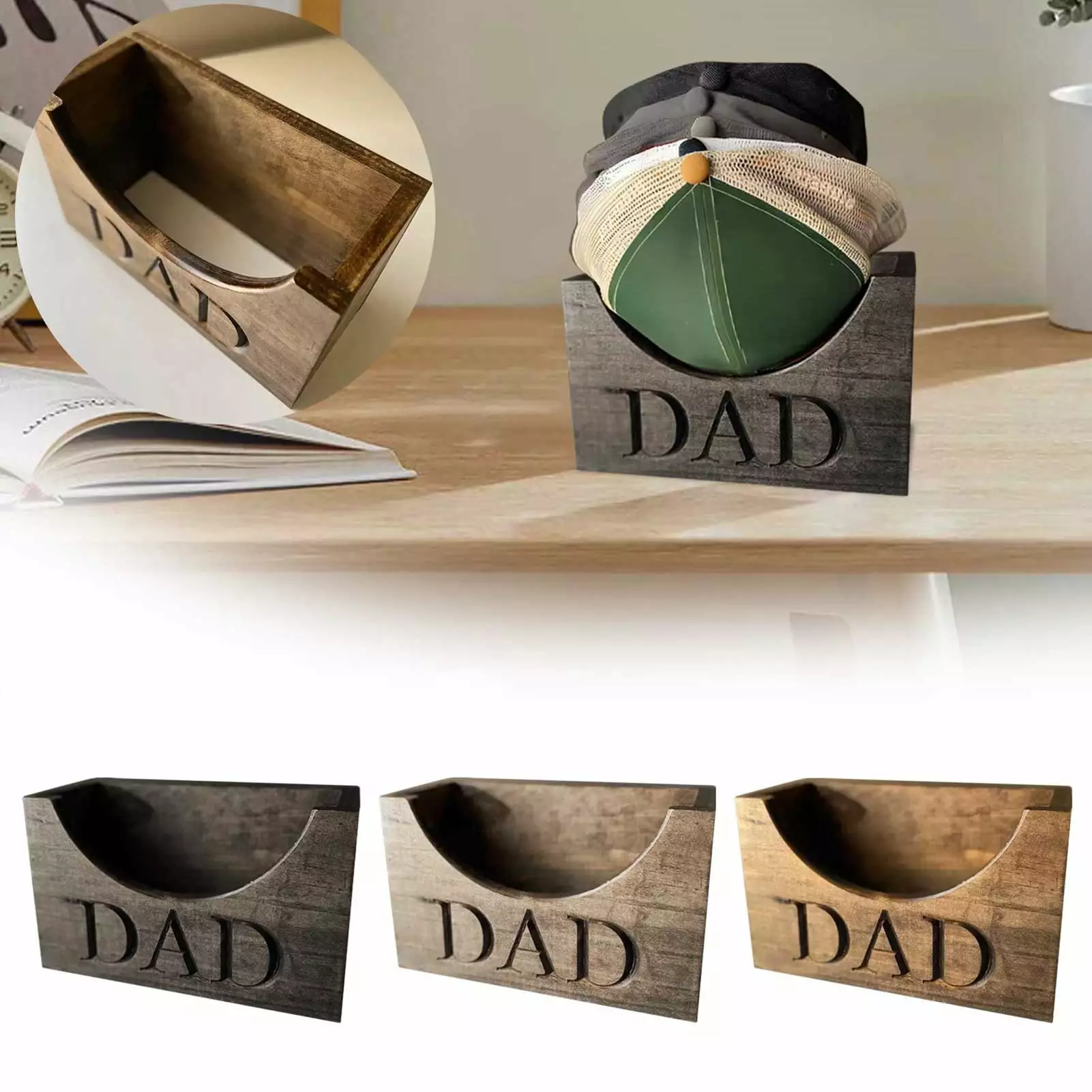 Fairnull Wooden Hat Holder Dad Letter Engraved Men Hat Holder Baseball Hat Rack Stand Organizer Hat Box Gift Dad Grandpa Father's Day Gift