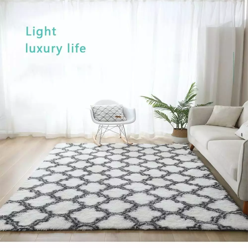 Soft Area Rugs Fluffy Modern Geometric Rugs for Bedroom Living Room. Shaggy Floor Carpets Large Indoor Mat for Girls Kids Teen's Room Nursery Home Decor. White & Grey