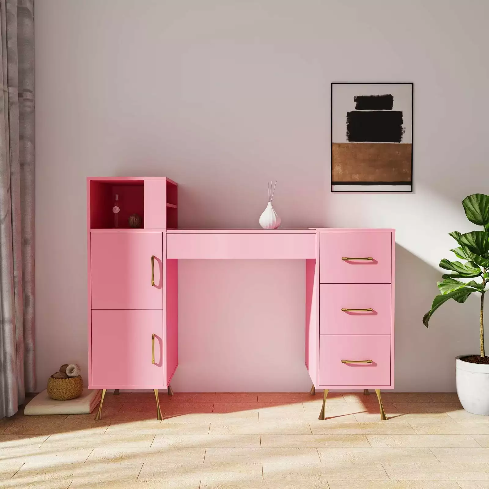 Makeup Desk with Storage Cabinets and Drawers. Wood Versatile Dresser with Top Shelves. Metal Legs and Handles. Storage Side Table for Living Room or Bedroom. Pink