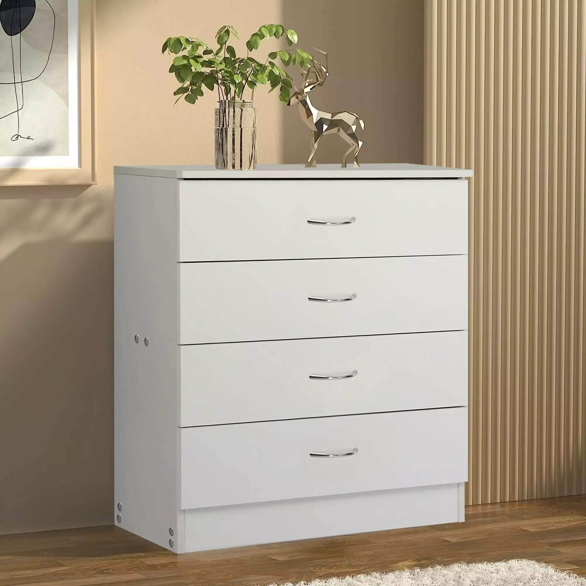 White Chest of Drawer with 4 Sliding Drawers. File Cabinet with Metal Handle. Bedside Nightstand Table Bedroom Furniture