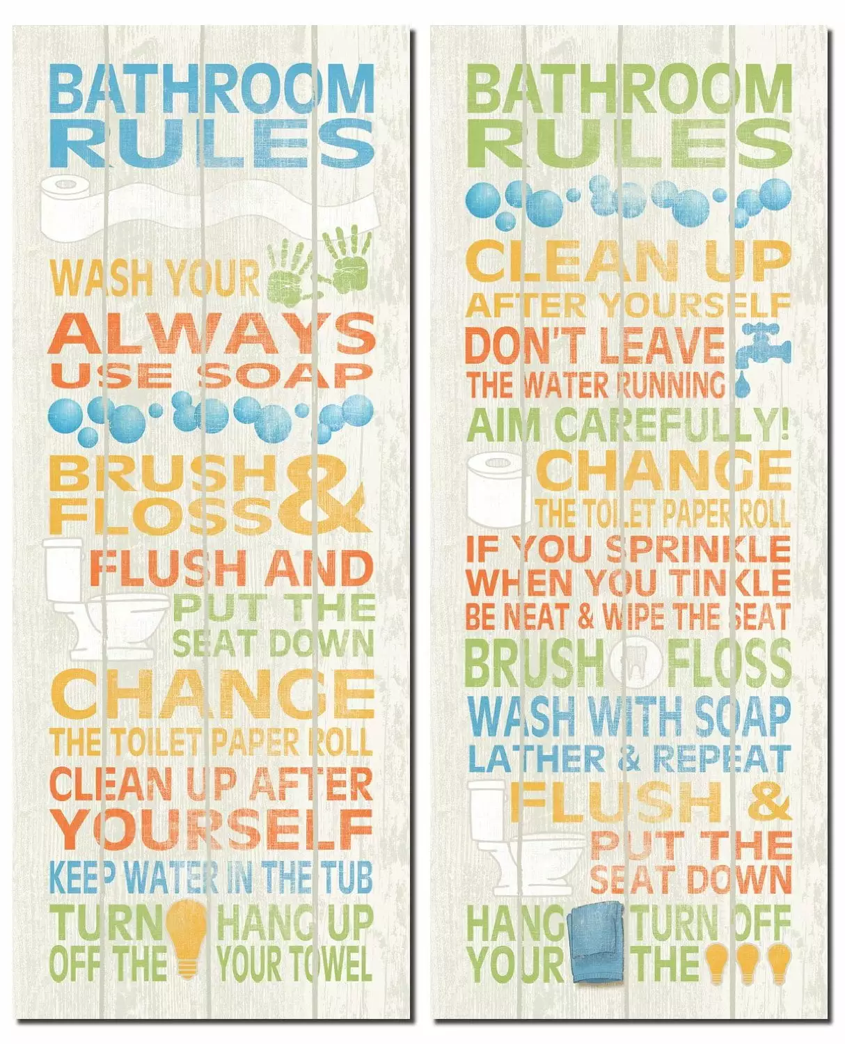 Multi-Color Children's Bathroom Rules Typography Set; 2 - 8 x 18 Unframed Posters