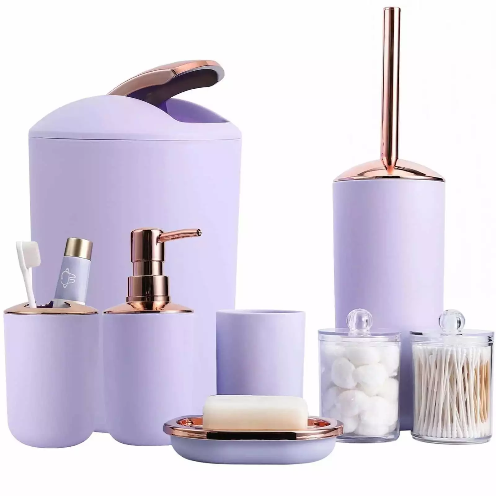 8 Pieces Purple Bathroom Accessories Sets - Trash Can with Swing Lid. Soap Dispenser. Self Draining Soap Dish. Toilet Brush with Holder. Toothbrush Holder. Mouthwash Cup. Qtip Holder Dispensers