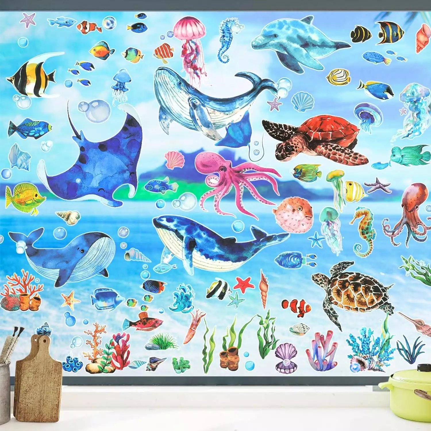 8 Sheets Summer Window Clings. Ocean Themed Window Stickers Watercolor Marine Animals Double-Sided Window Decals for Home Decor Under The Sea Party Supplies Gifts