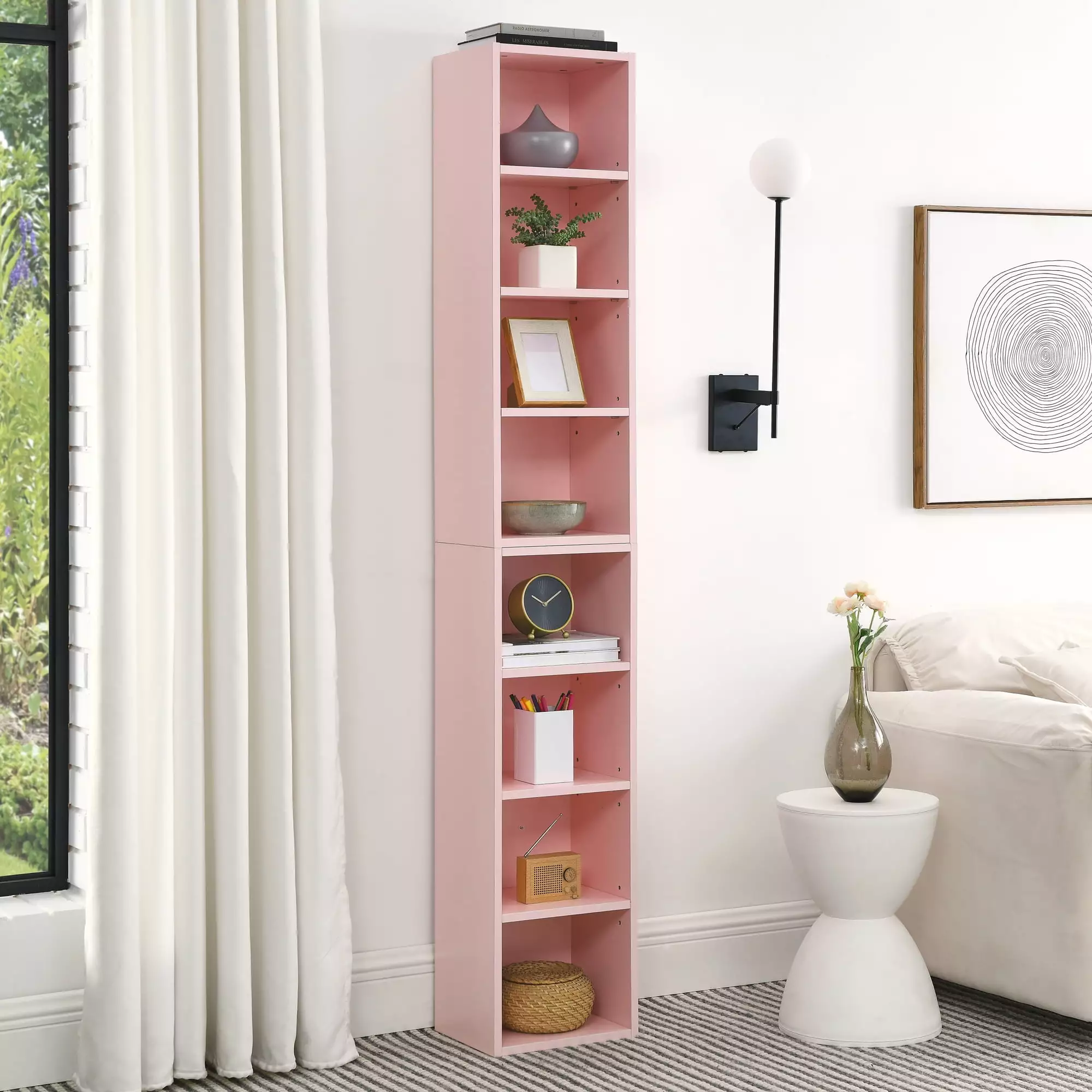 8-Tier Media Tower Rack. 11.6 X 9.3 X 70.9 Inches CD DVD Slim Storage Cabinet with Adjustable Shelves. Tall Narrow Bookcase Display Bookshelf for Home Office. Pink