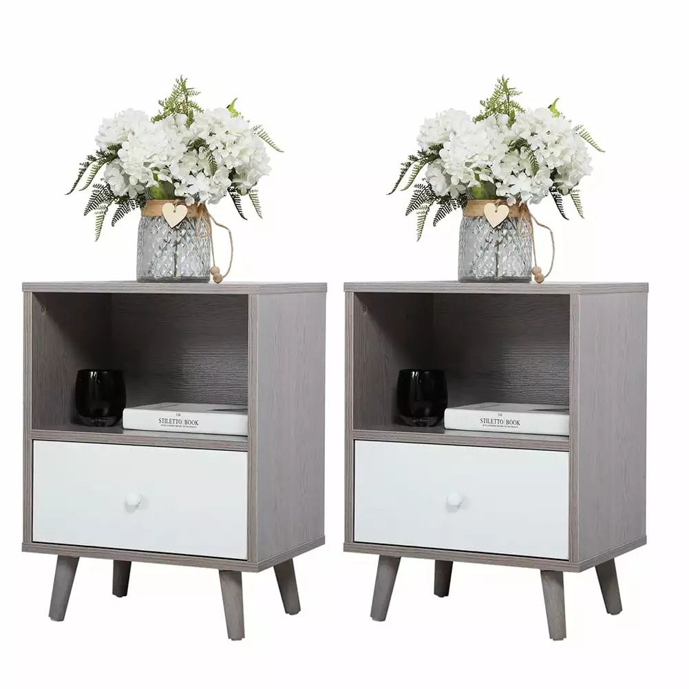 Kepooman 2 Pieces Nightstands for Bedroom. Farmhouse Accent Table for Living Room. Bedside End Table for Small Spaces with Sturdy Steel Frame. Gray