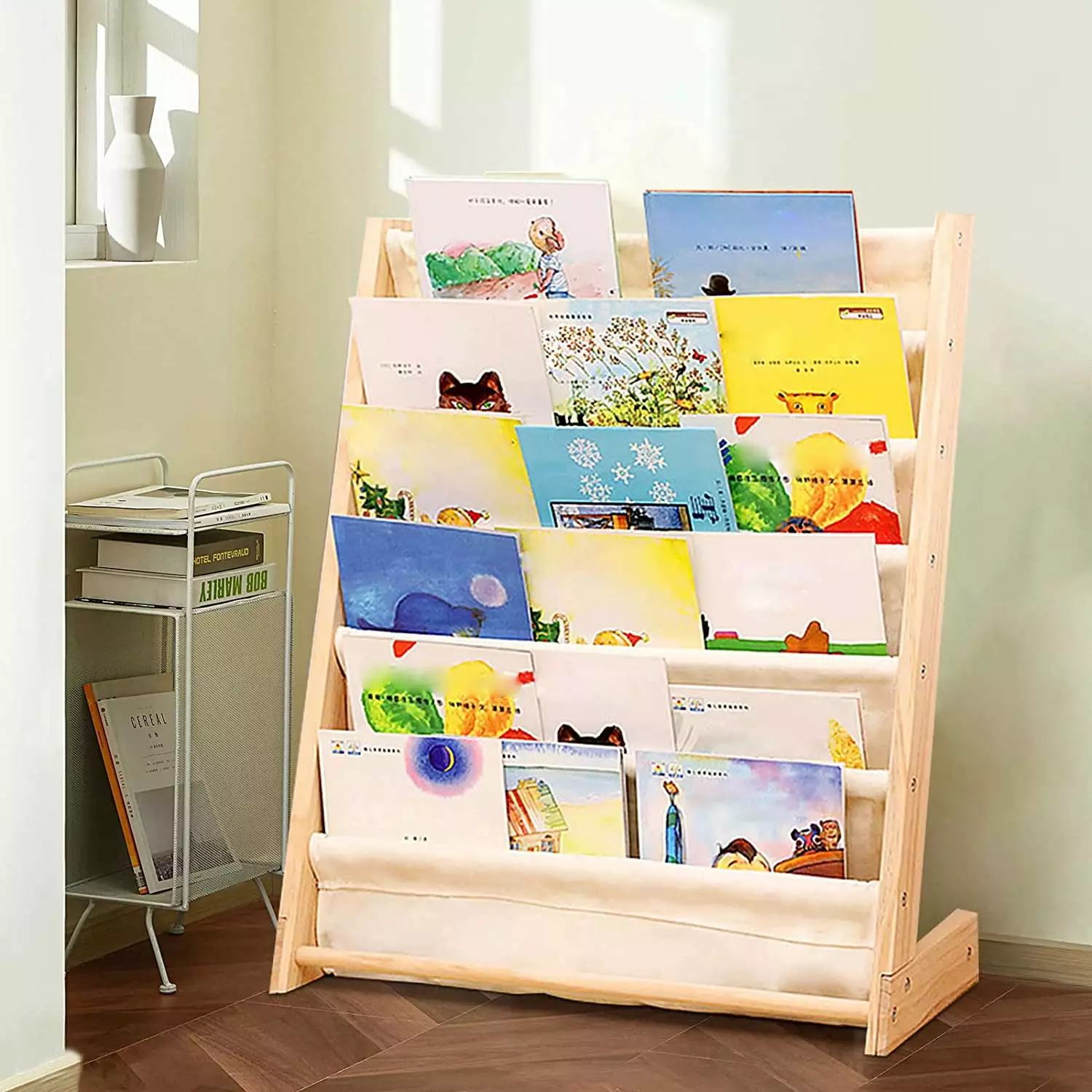 Kids Bookshelf 6-Layer Kids Sling Book Rack Shelf Organizer 29.5x11.8x31.1in (Natural Beige)