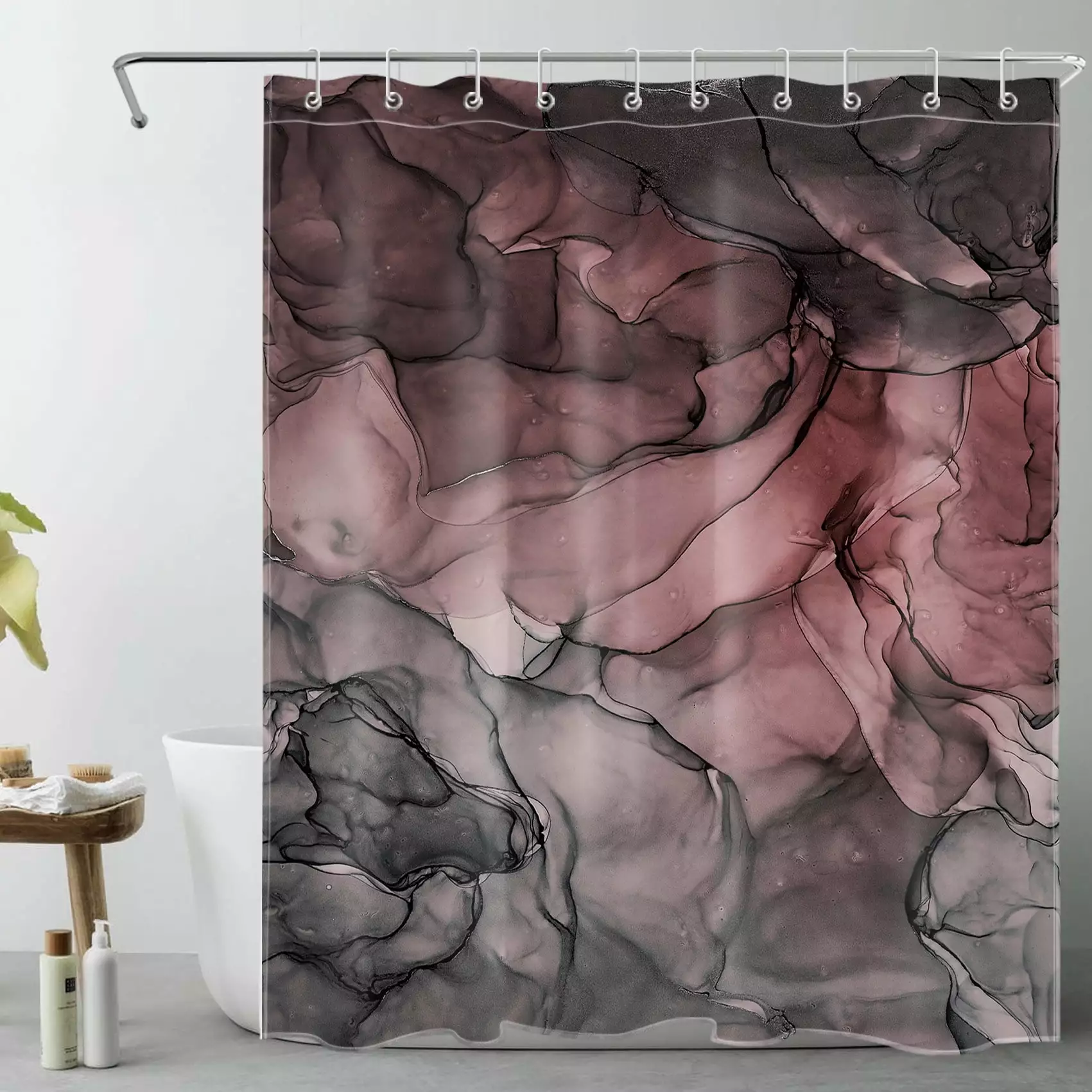 Abstract Marble Shower Curtain Decor.Pink and Black Marble Texture Modern Art Shower Curtain for Bathroom 60X72 inch Polyester Fabric Bathroom Decoration Bath Curtains Hooks Included