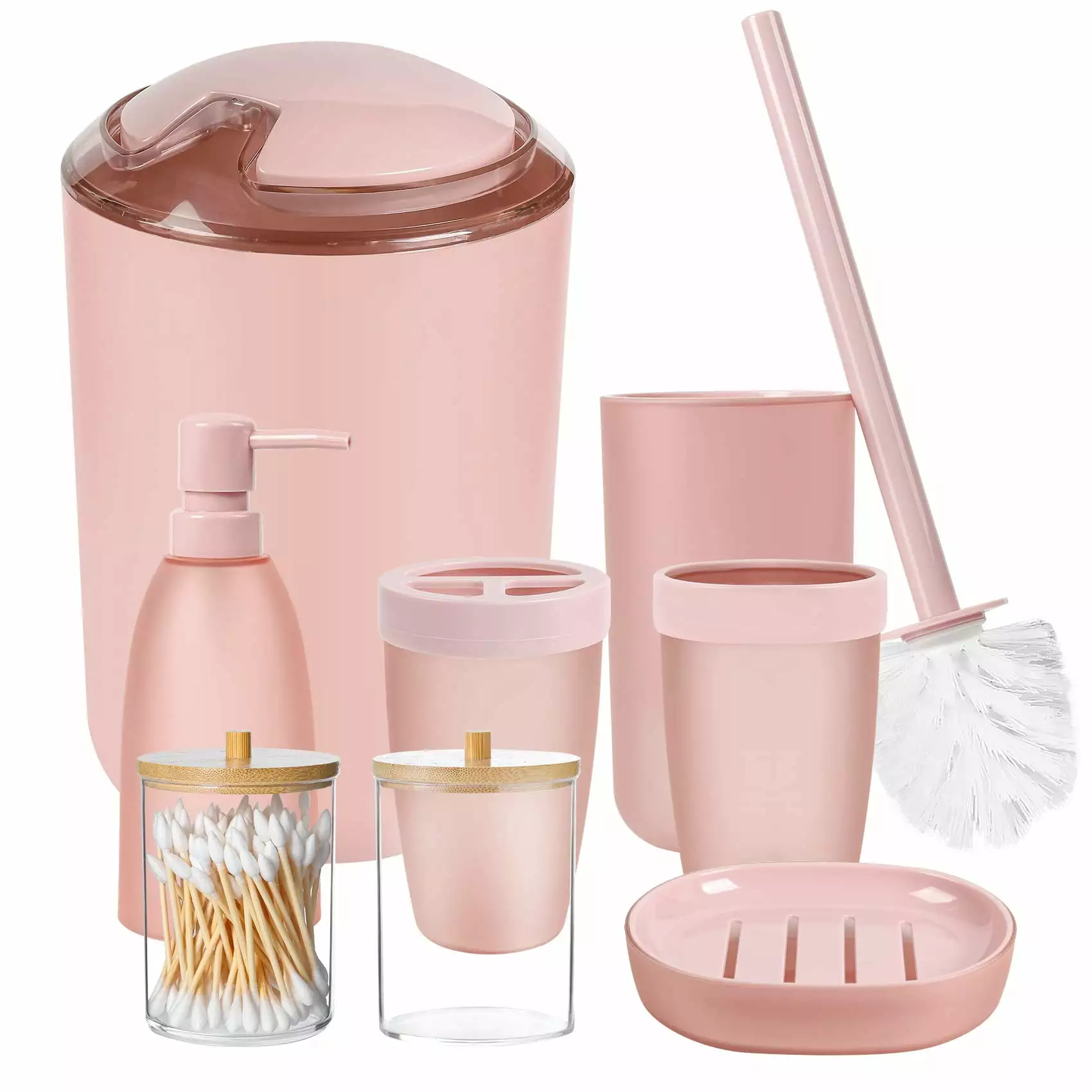 8PCS Pink Bathroom Accessories Set - with Trash Can.Toilet Brush.Toothbrush Holder. Lotion Soap Dispenser. Soap Dish.Toothbrush Cup.Qtip Holder