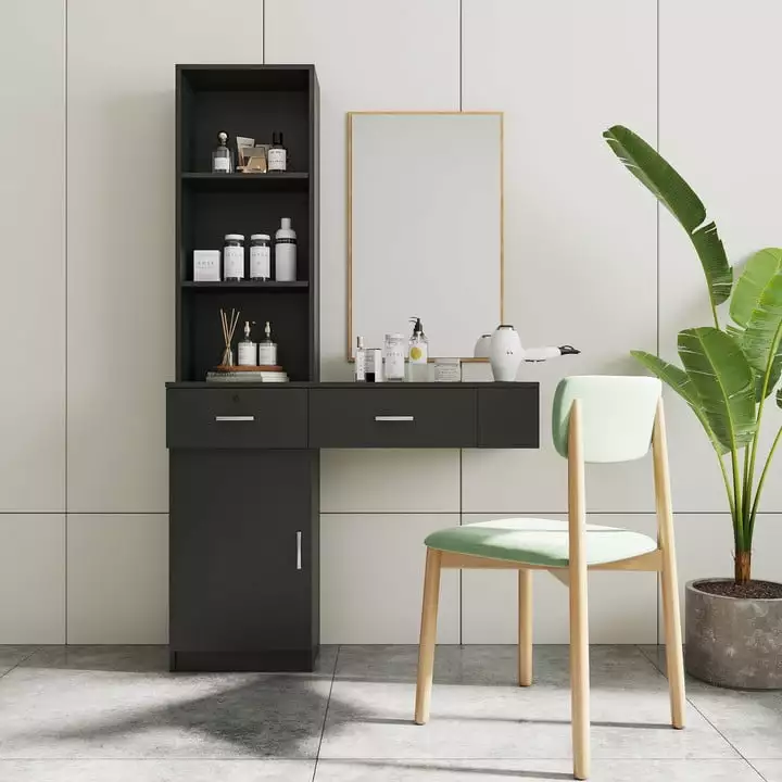 Dresser for Bedroom. Modern Desk with 2 Drawers. 1 Cabinet and 2 Shelves. Multifunctional Cabinets with Large Storage for Bedroom Living Room. Easy Assembly. Unique T-shaped Design. Black