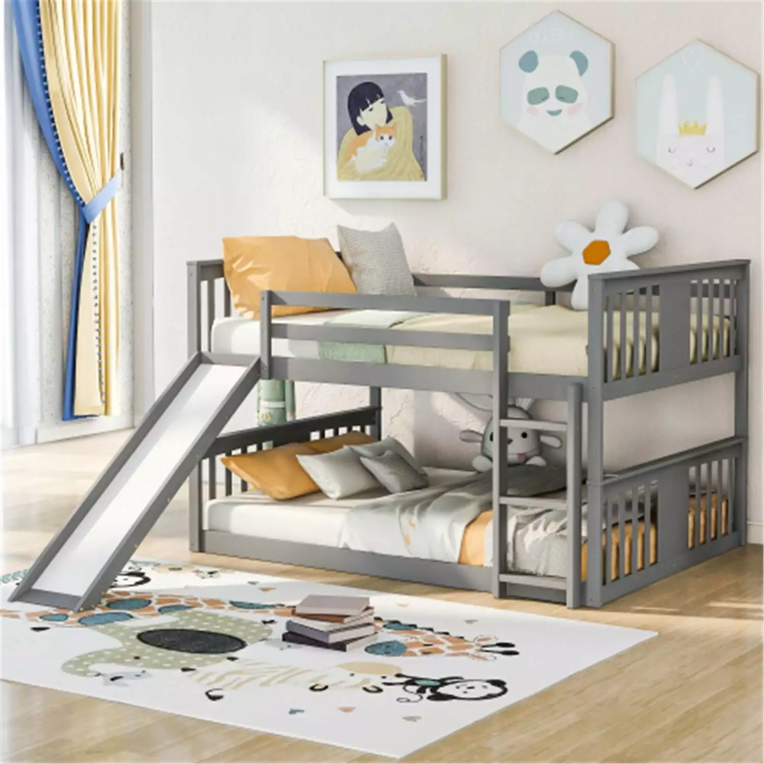 Full over Full Bunk Bed Frame with Slide and Built-in Ladder. Wood Low Bunk Bed for Kids. Boys and Girls. Bedroom Furniture