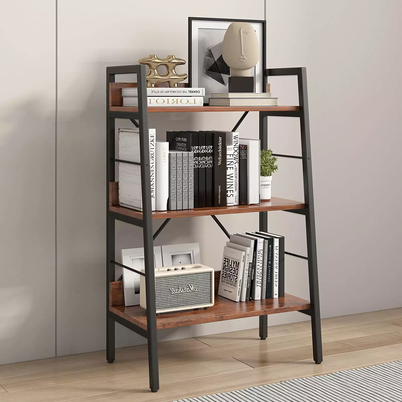 Junovo 3 Layer Ladder Bookshelf Industrial Shelves Wooden Storage Bookcase for Living Room Bedroom and Office