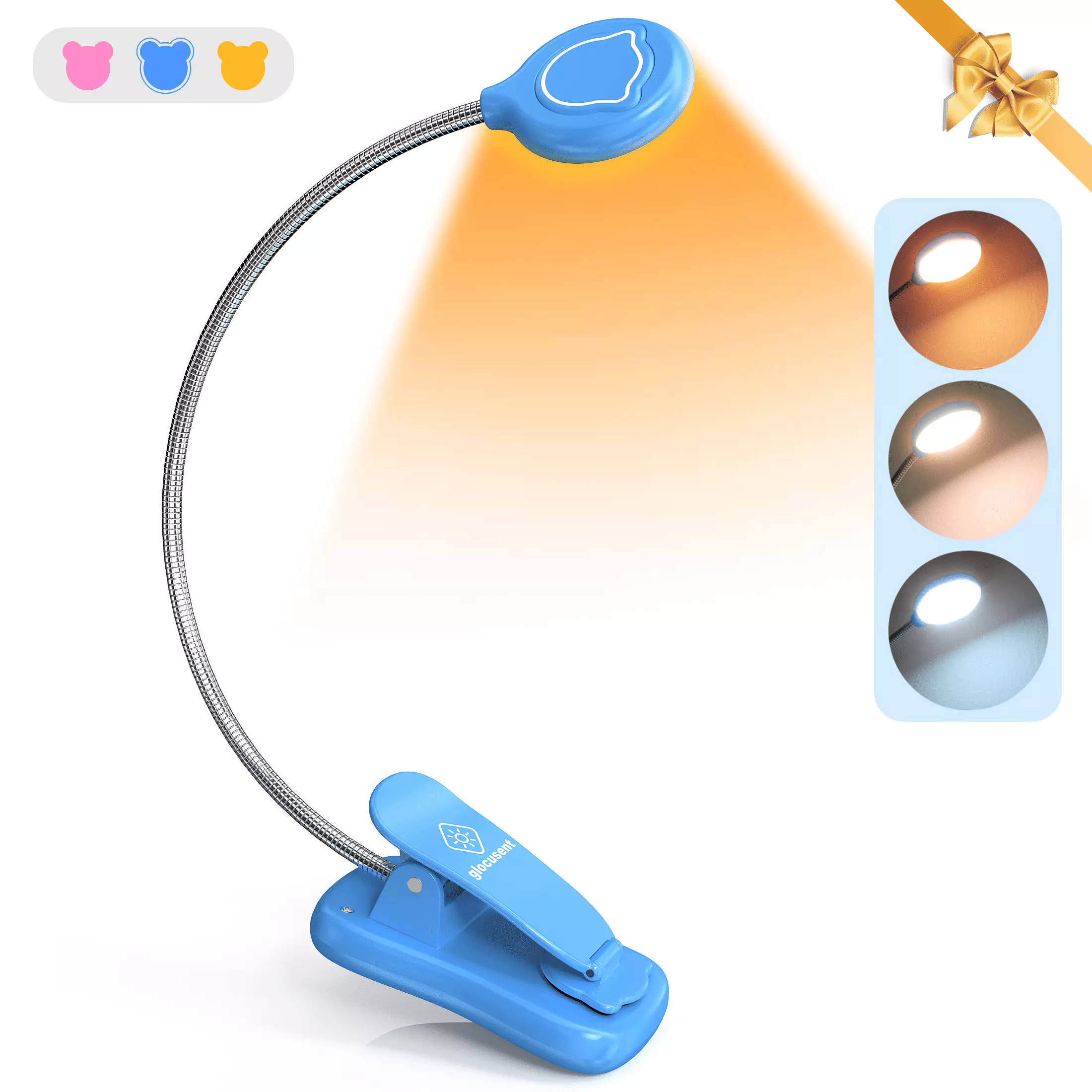 Glocusent 16 LED Rechargeable Book Light for Kids. Clip-on Kids Reading Light for Books in Bed. 3 Colors & 3 Brightness Adjustable with CRI 95. Eye Caring & Kids Safe. 80+Hrs Reading. Perfect for Kids