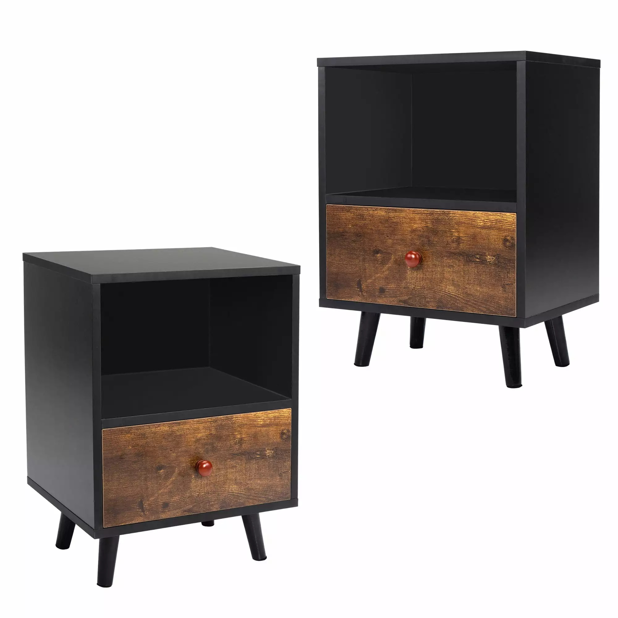 Kadyn Night Stand Set of 2 for Bedroom. Modern Bedside Table with a Drawer for Nursery. Solid Wood Sofa Side End Table for Bedroom with Legs. Black