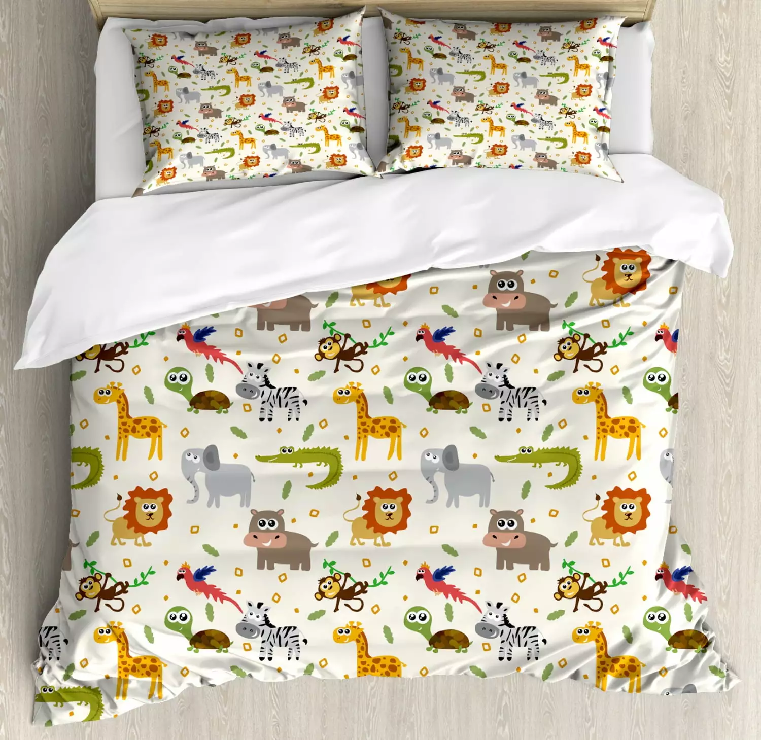 Cartoon Animal Duvet Cover Set Queen Size. African Australian Childish Fauna Silly Faces Safari Lion Elephant Crocodile. Decorative 3 Piece Bedding Set with 2 Pillow Shams. Multicolor. by Ambesonne