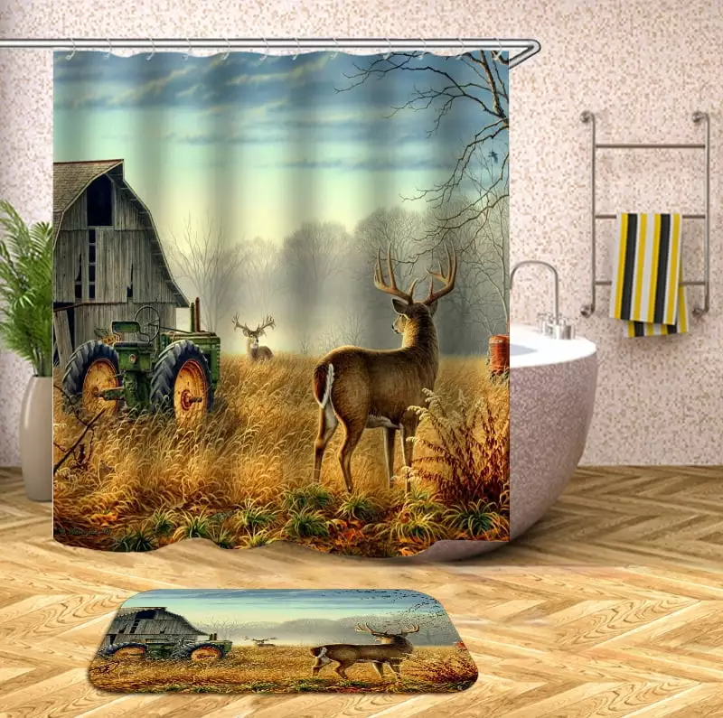 Animal Print Deer Pattern Pattern 2PCS Shower Curtain and Rug Set 3D Print Elk Moose Water Repellent Coated Floor Mat Set Home Decor 72*72