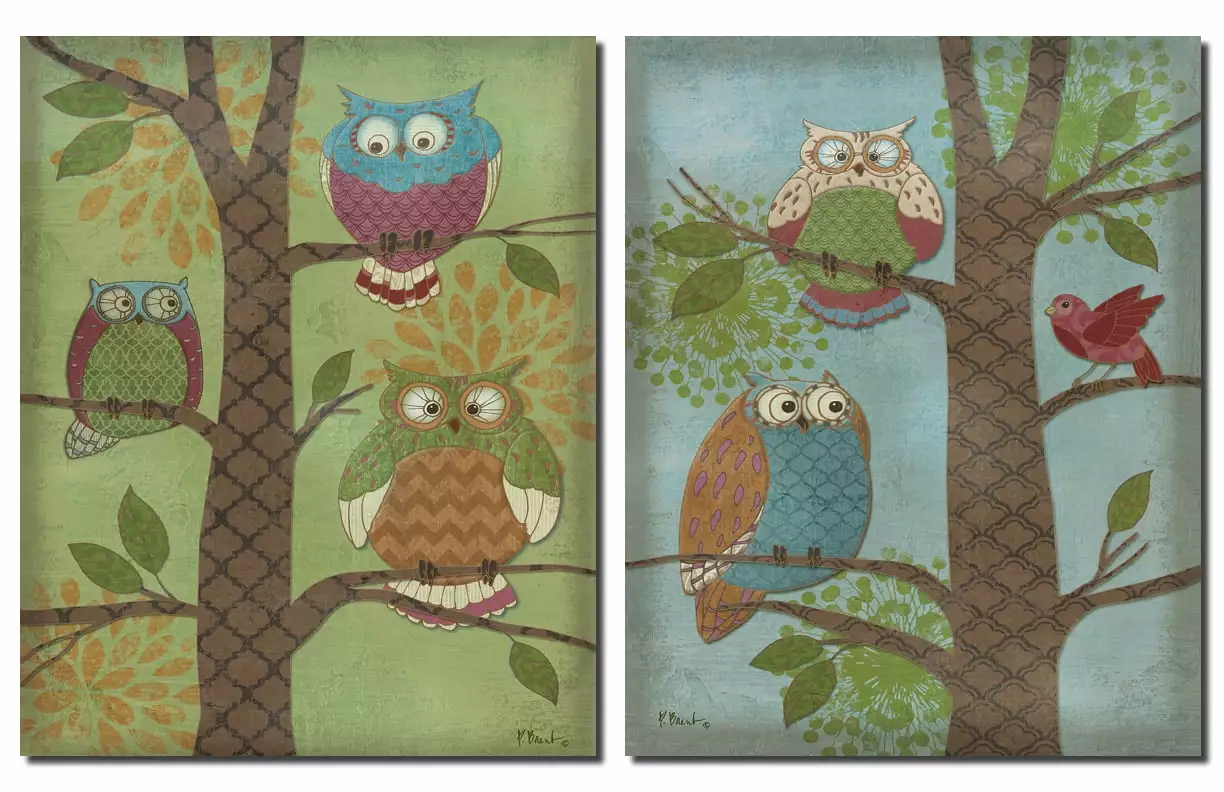 Fantasy Owls I Trendy Popular Tree Owl Set; Two 11X14 Poster Prints. Blue/Green/Brown