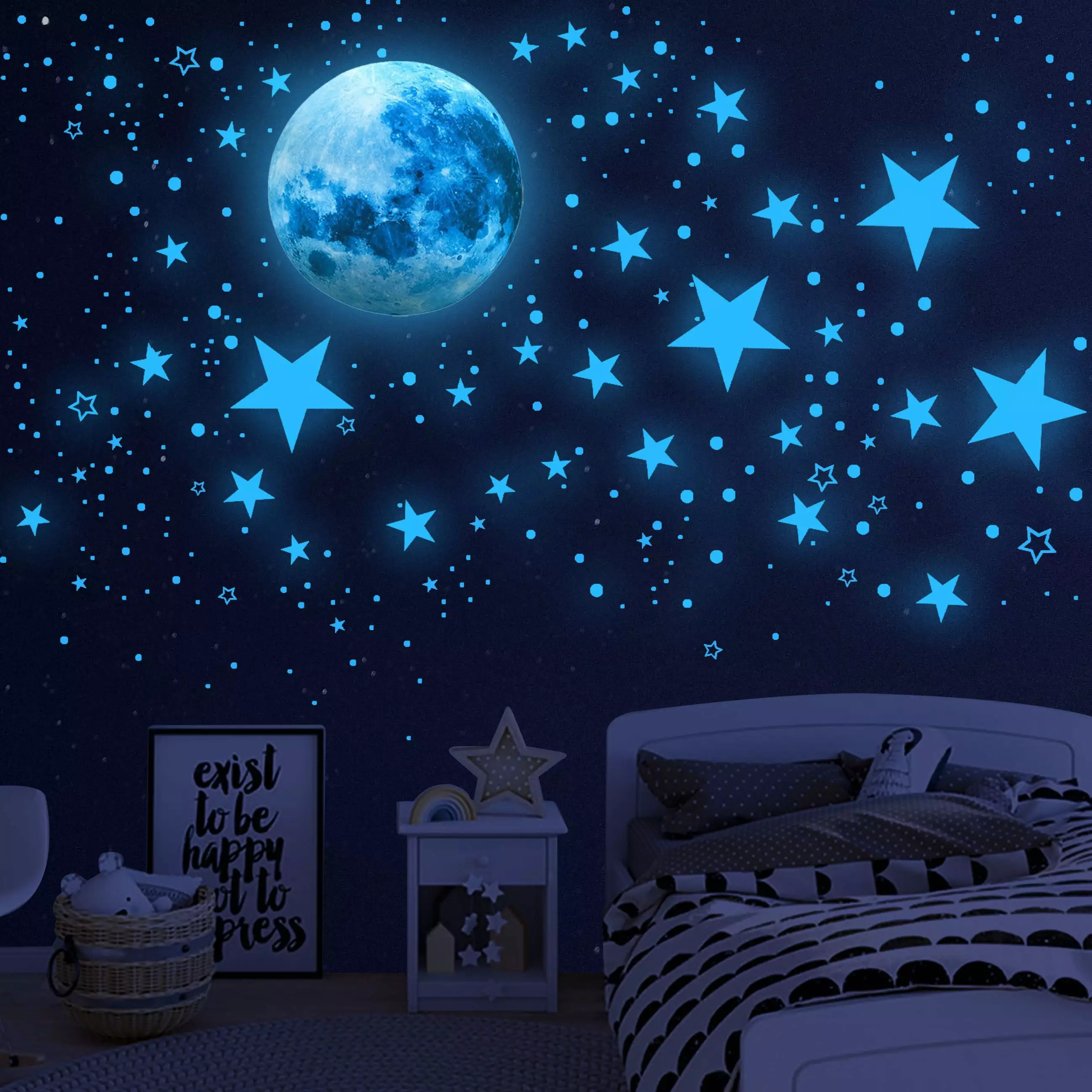 Neasyth Glow in The Dark Stars Stickers for Ceiling. 1108 Pcs Moon and Stars Kids Wall Decals (Sky Blue)