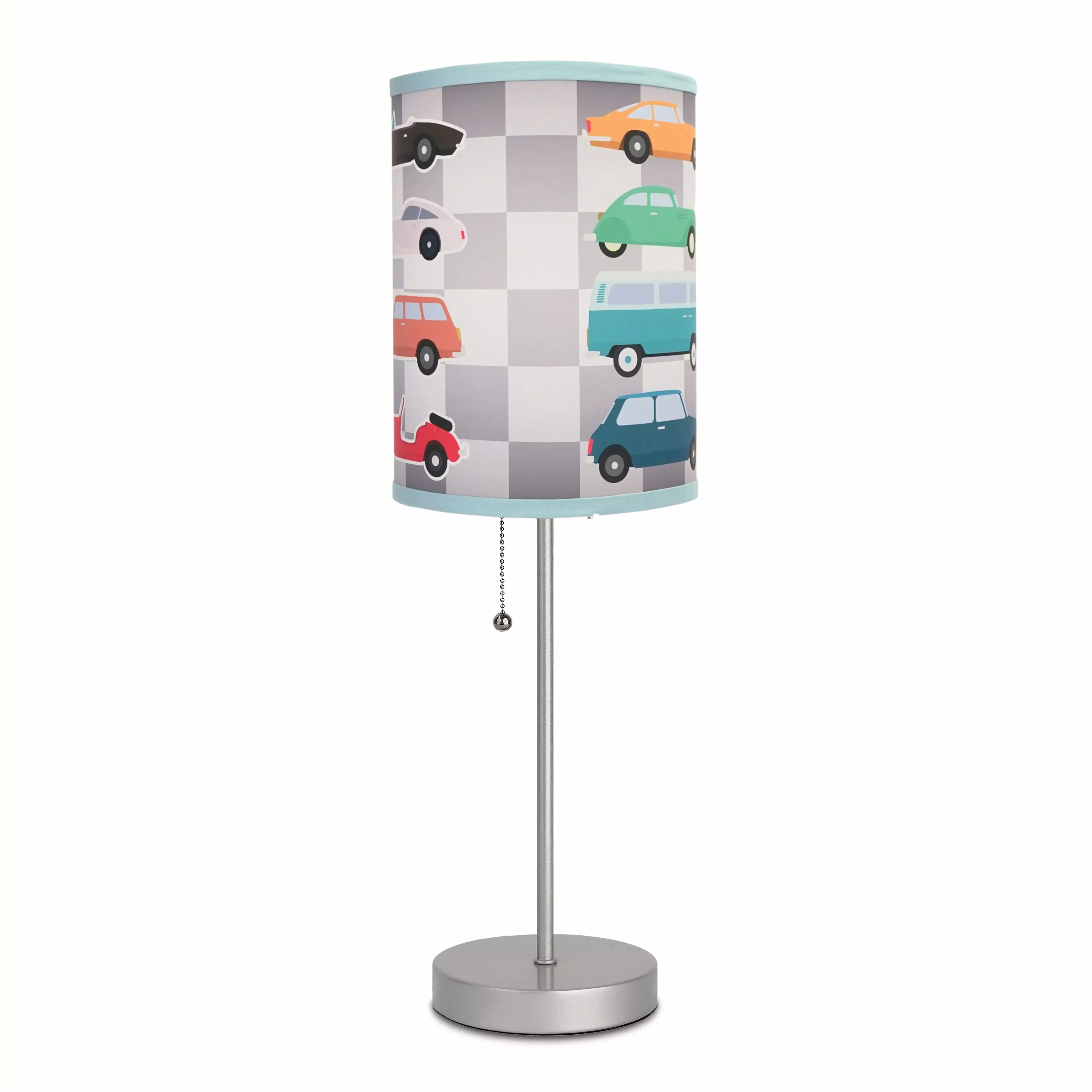 Lamp-In-A-Box Little Boys Vintage Race Cars Silver Table Lamp for Bedroom Home Decor. Blue. Children's Men Cave Printed Lamp Shades