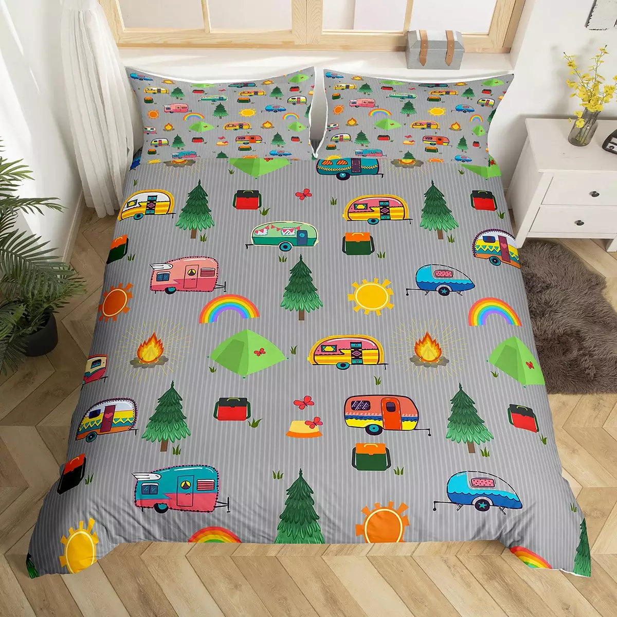 Rainbow Lodge Cabin Duvet Cover Camping Themed Bedding Set.Happy Glamping Trailer Comforter Cover Vintage Camp Travel Car Twin Bed Set.Pine Trees Camping Decor for Camper