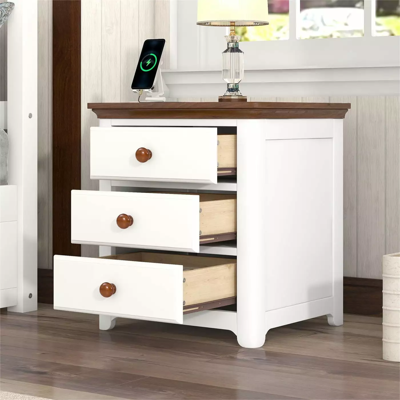 Wood Nightstand. Modern End Table Sofa Side Table with USB Charging Ports and Three Drawers. Bedroom Side Storage Nightstand Accent Table with Solid Wood Legs for Bedroom Living Room Office. White