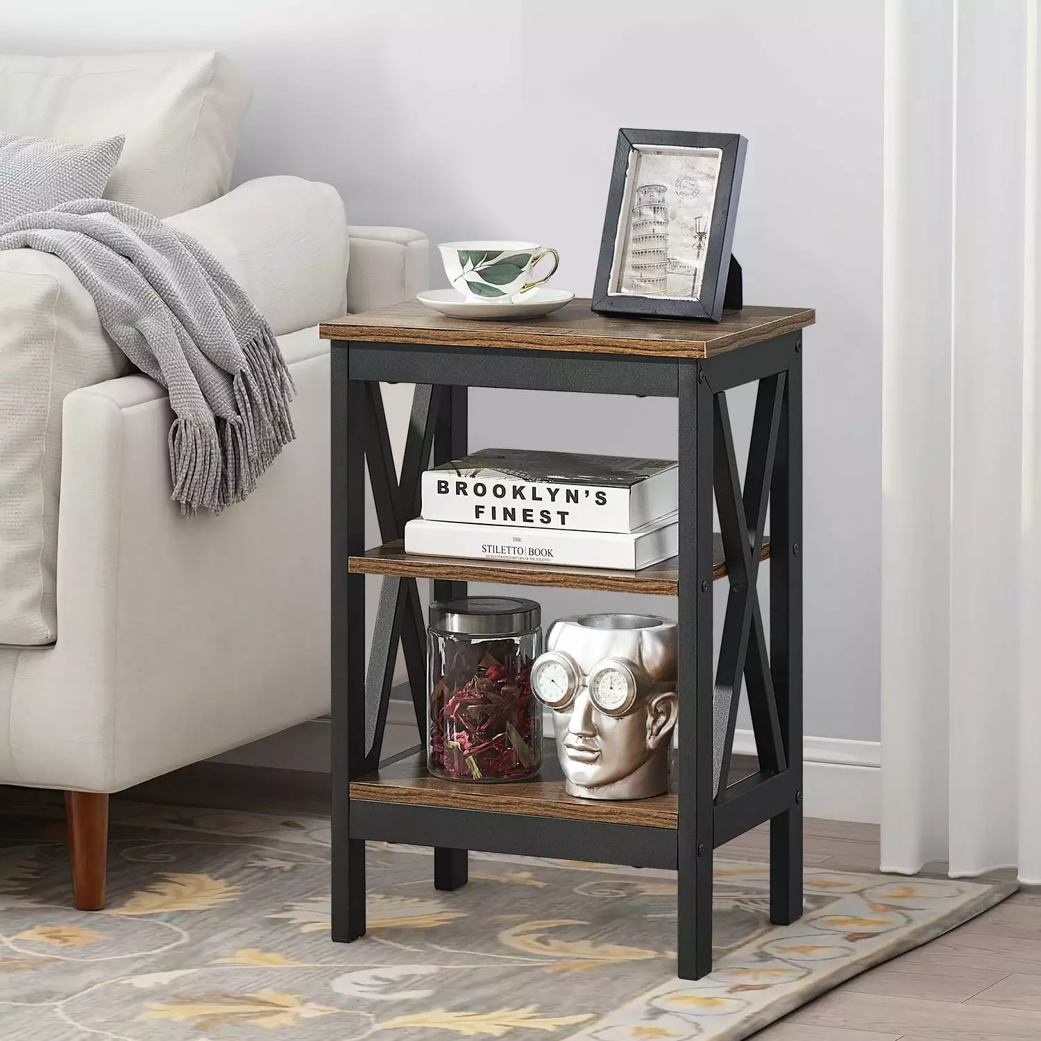 VECELO Nightstand with 3-Tier Storage Shelf for Living Room. Bedroom. Rustic Brown