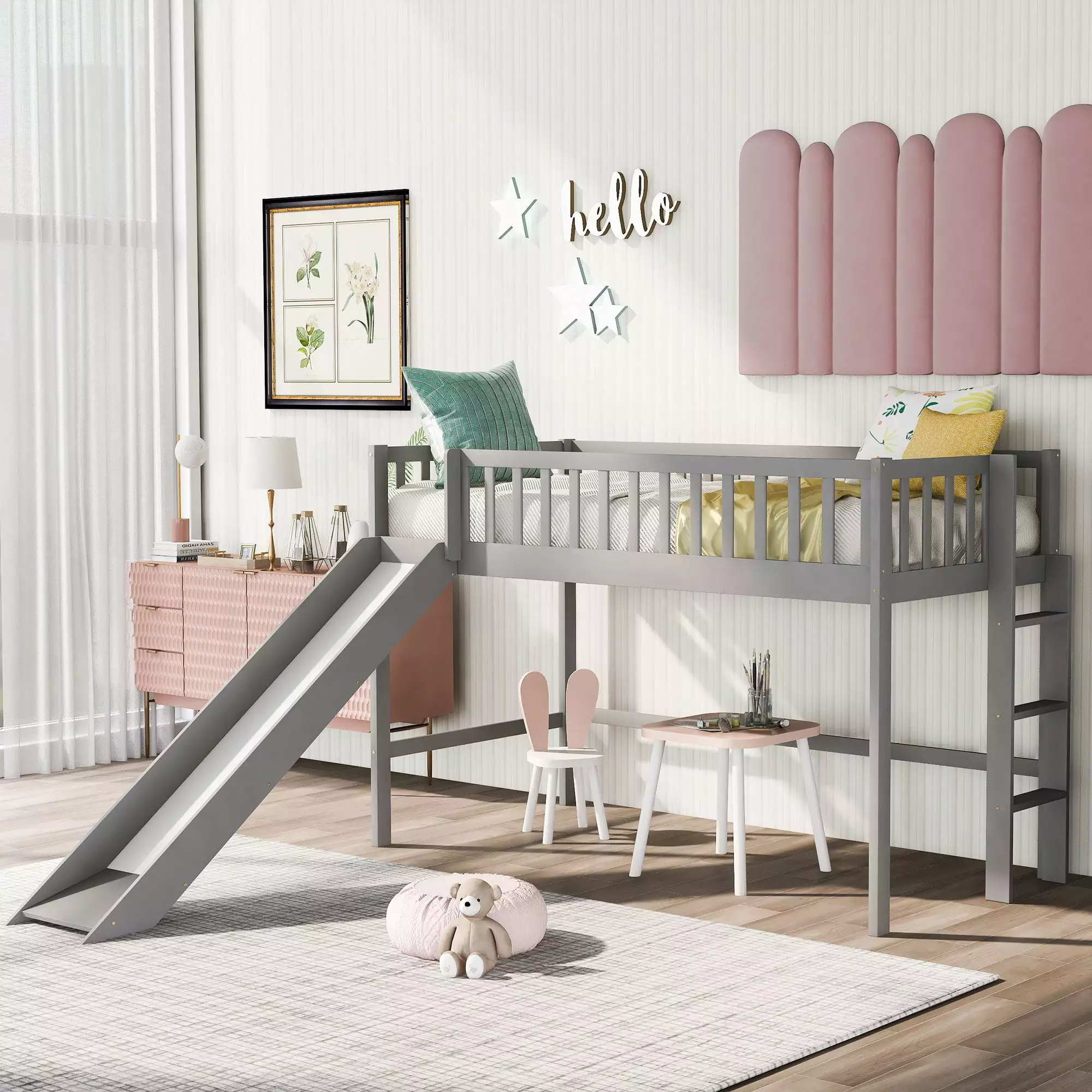 Twin Loft Bed with Slide. Solid Wood Loft Bed Twin with Ladder. Twin Bunk Bed Frame w/Storage Space. Bedroom Dorm Furniture. Easy Assembly. Bed Frame for Boys. Girls. Spring Box No Needed(Gray)