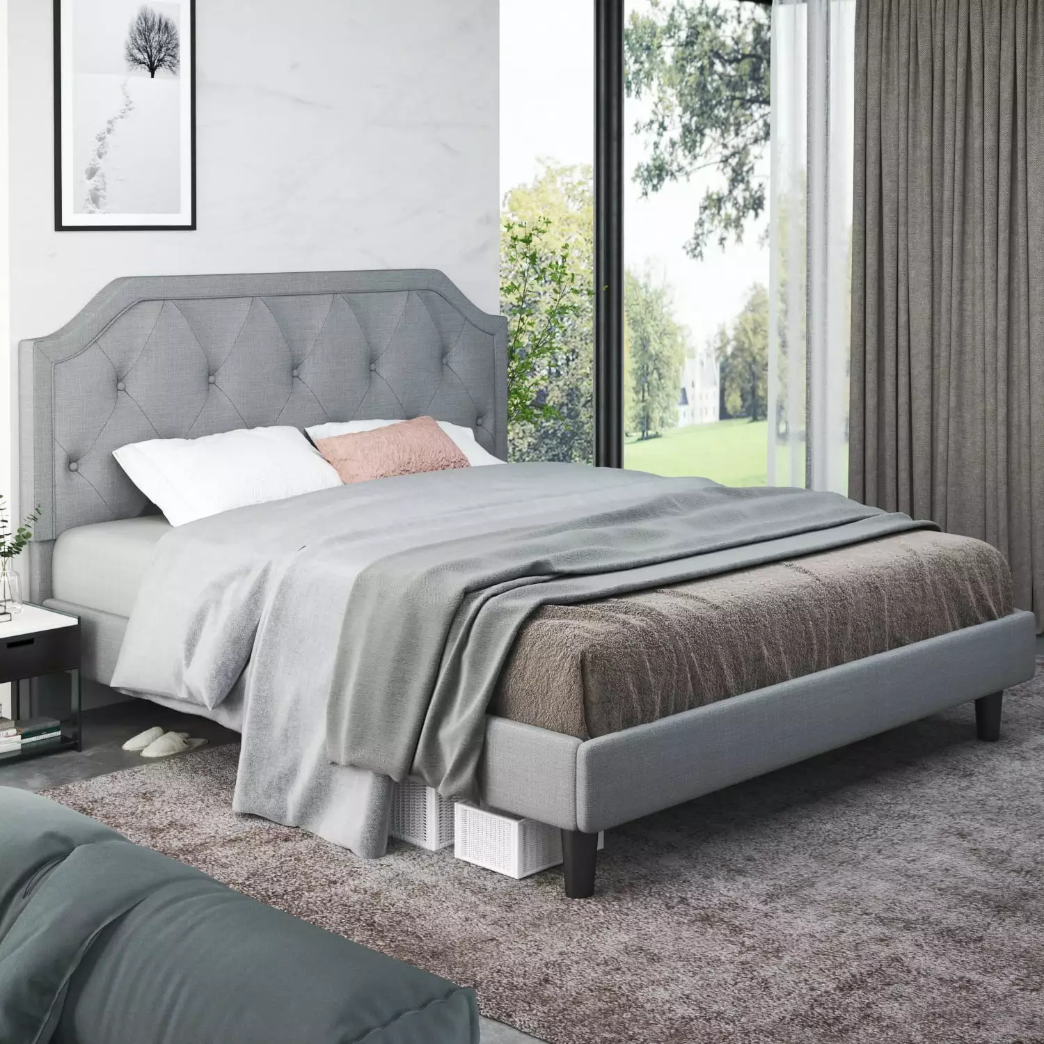 Amolife Queen Upholstered Platform Bed Frame with Diamond Button Tufted Headboard. Light Grey