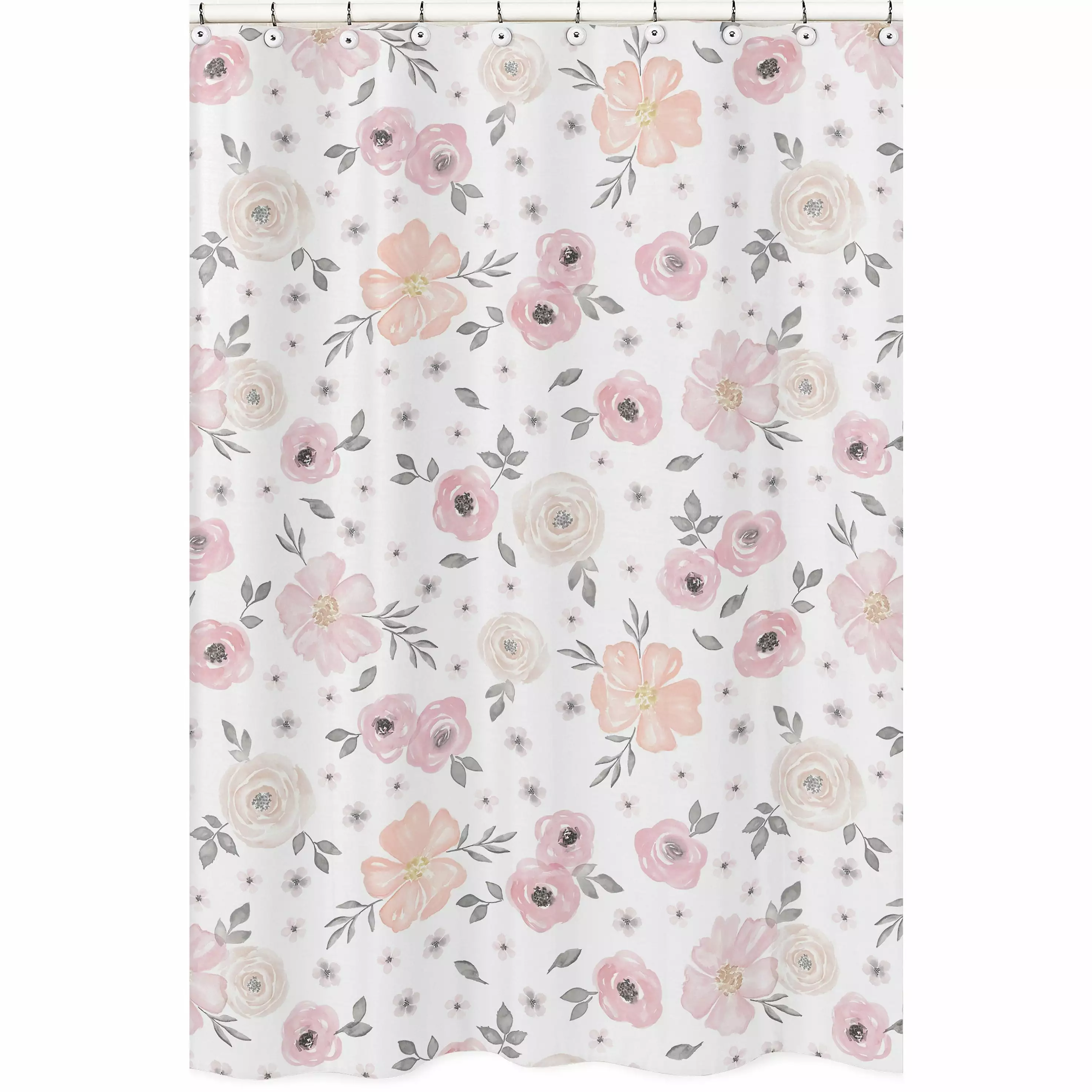 Sweet Jojo Designs Blush Pink. Grey and White Watercolor Floral Collection Bathroom Fabric Bath Shower Curtain