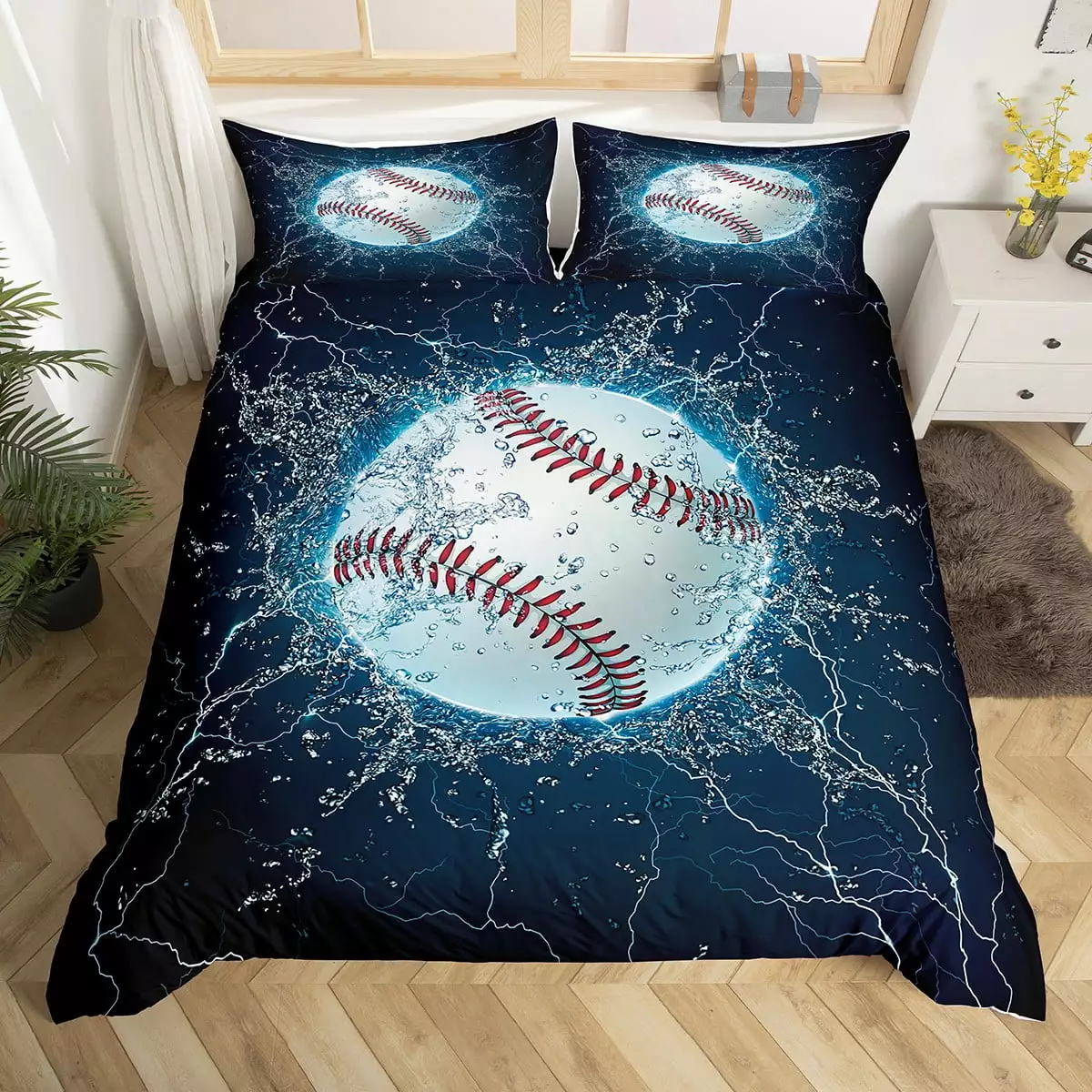 Baseball Duvet Cover Water Ball Bedding Set for Kids Child.European Sport Comforter Cover Softball Sports Ball Twin Bed Set.Baseball Player Hobby Activity Competitive Games Room Decor