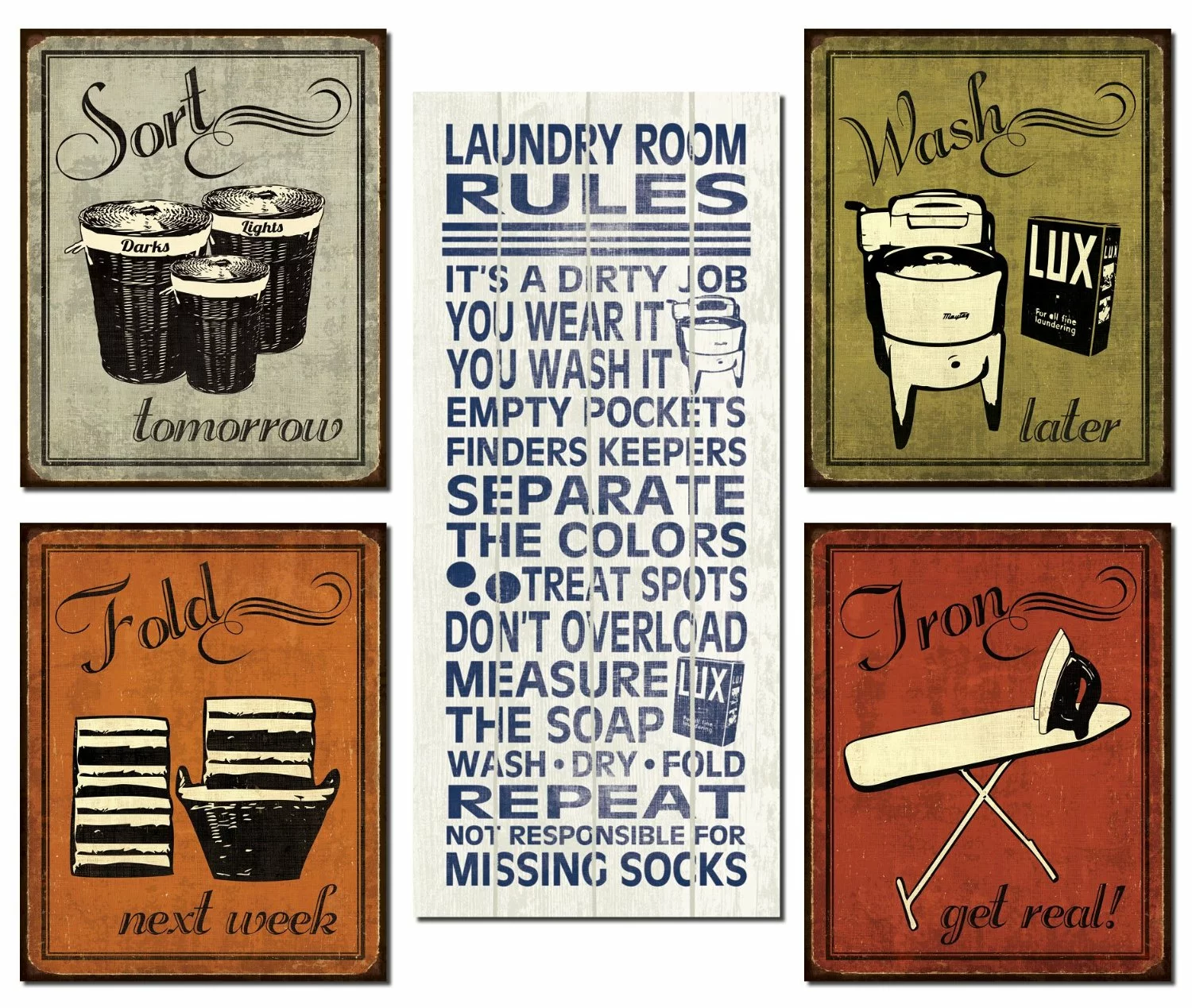 Trendy & Extremely Popular Humorous Laundry Room Rules and Laundry Sign Posters; One 8x18in Poster Prints and Four 8x10in Poster Prints