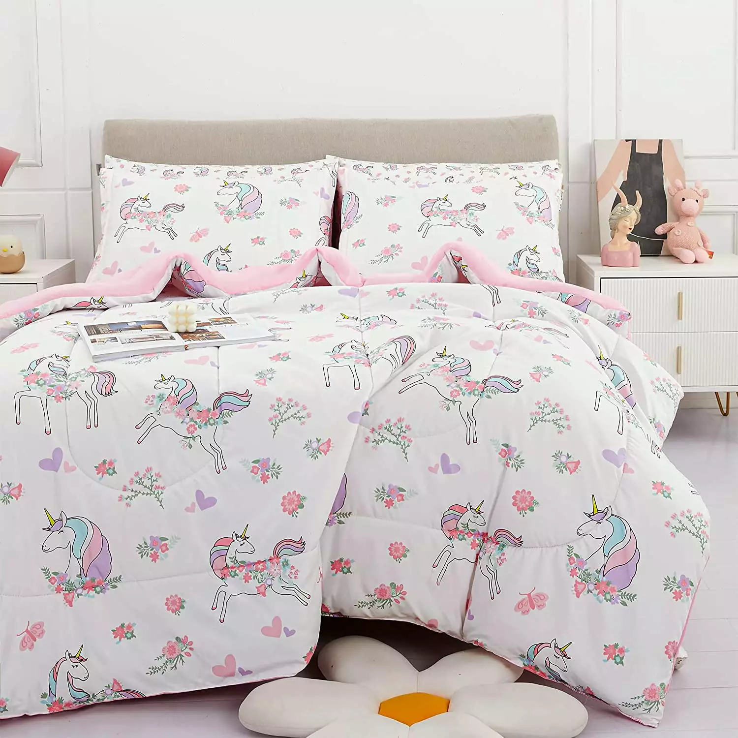 Viviland Full Unicorn Comforter Set for Girls - Kids Brushed Microfiber Full Bedding Set - 7 Pieces Machine Washable Bed in A Bag with Soft Comforters. Sheet Set. Shams - Unicorn Love Heart