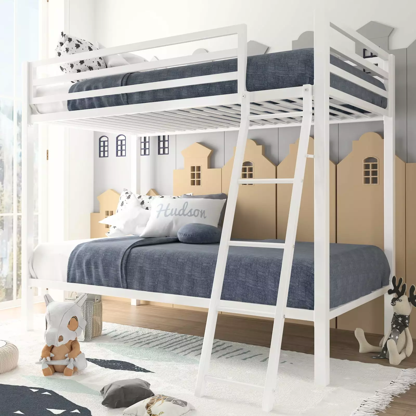 Amolife Twin-Over-Twin Bunk Beds with Heavy Duty Metal Frame and Ladder. Pure White