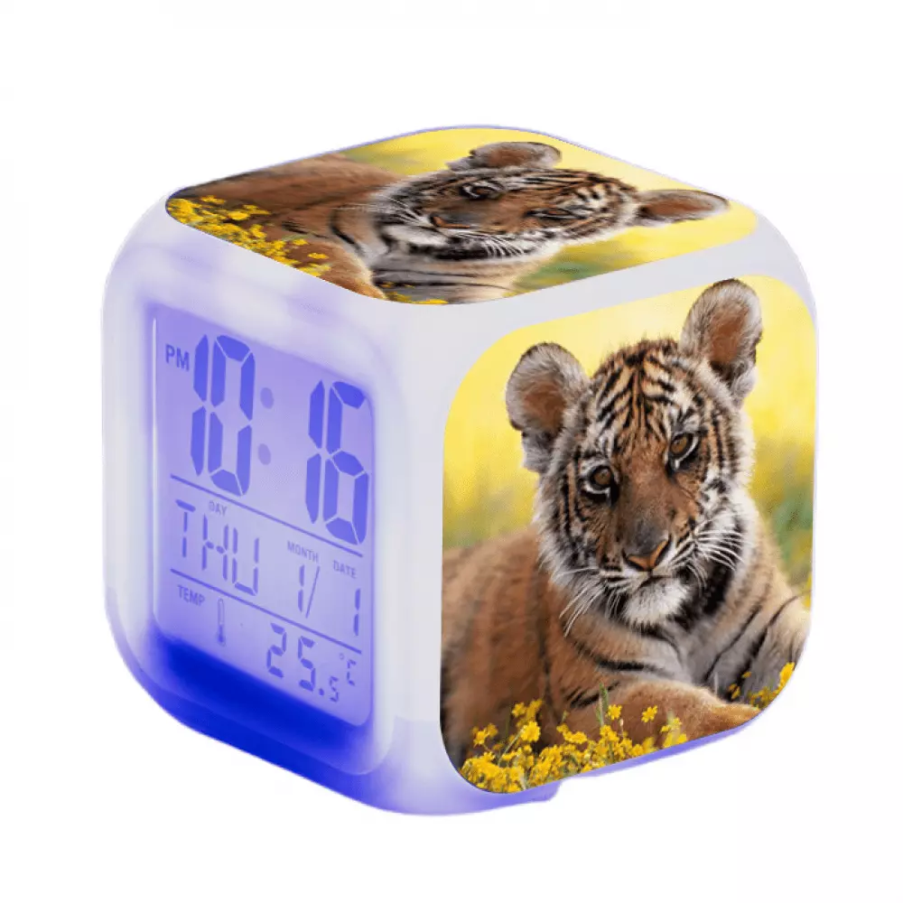 XIHAMA-Digital Alarm Clock for Bedroom. LED Digital Bedroom Alarm Clock Easy Setting Cube Wake Up Clocks with 3 Sided Tiger Pattern Soft Nightlight Large Display Ascending Sound