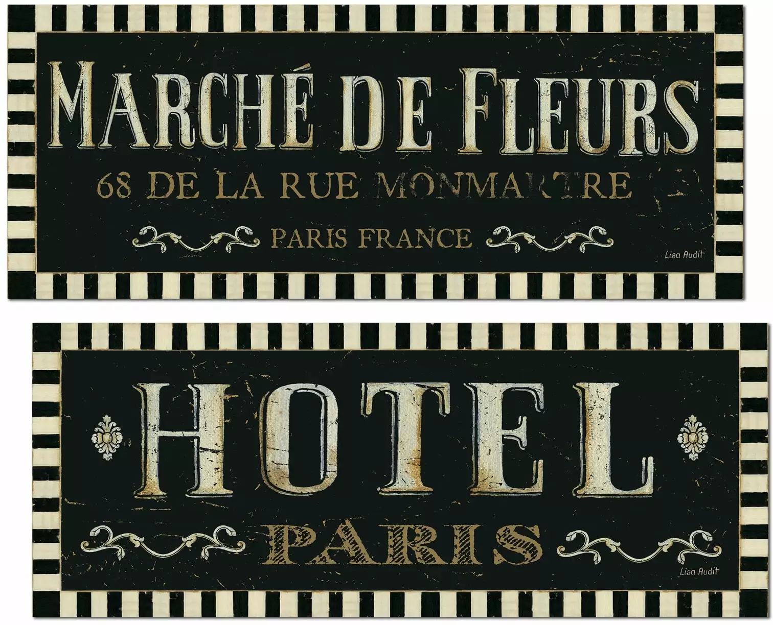 Lovely Vintage Marche De Fleurs and Hotel Paris Paper Signs by Lisa Audit; Two 20x8in Poster Prints