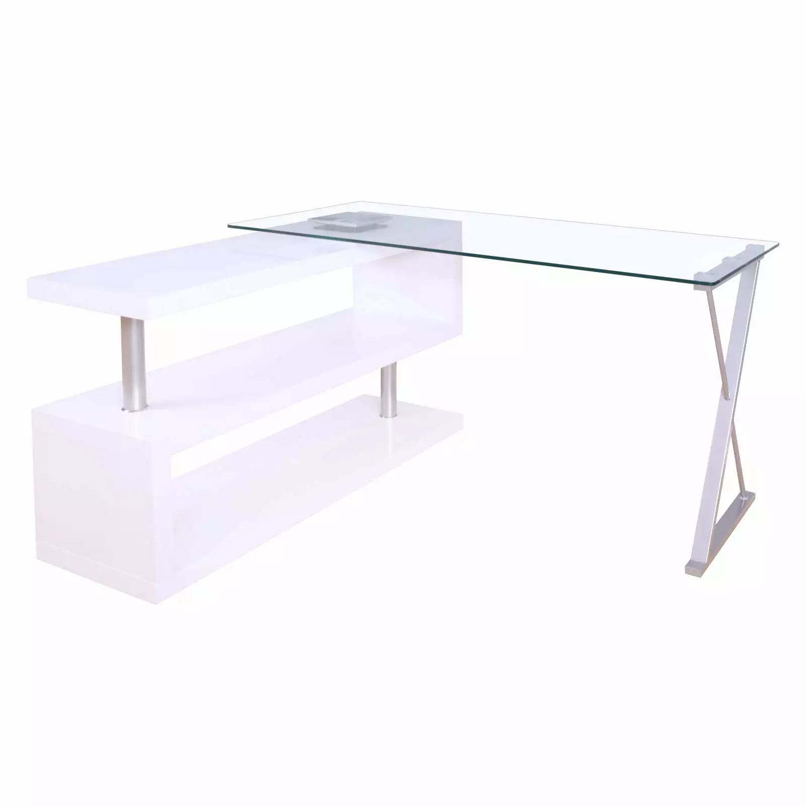 ACME Furniture Buck Metal and Wood L-Shaped Writing Desk in White/Clear Glass