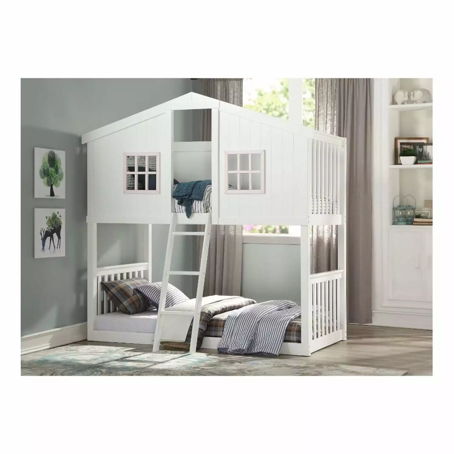 ACME Rohan Cottage Twin over Twin Bunk Bed in White & Pink