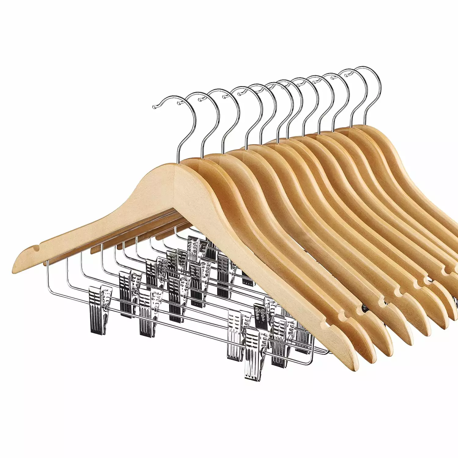 ACSTEP 12 Wood Hangers with Metal Clips. Clothes Hangers. Premium Coat Hanger. Natural