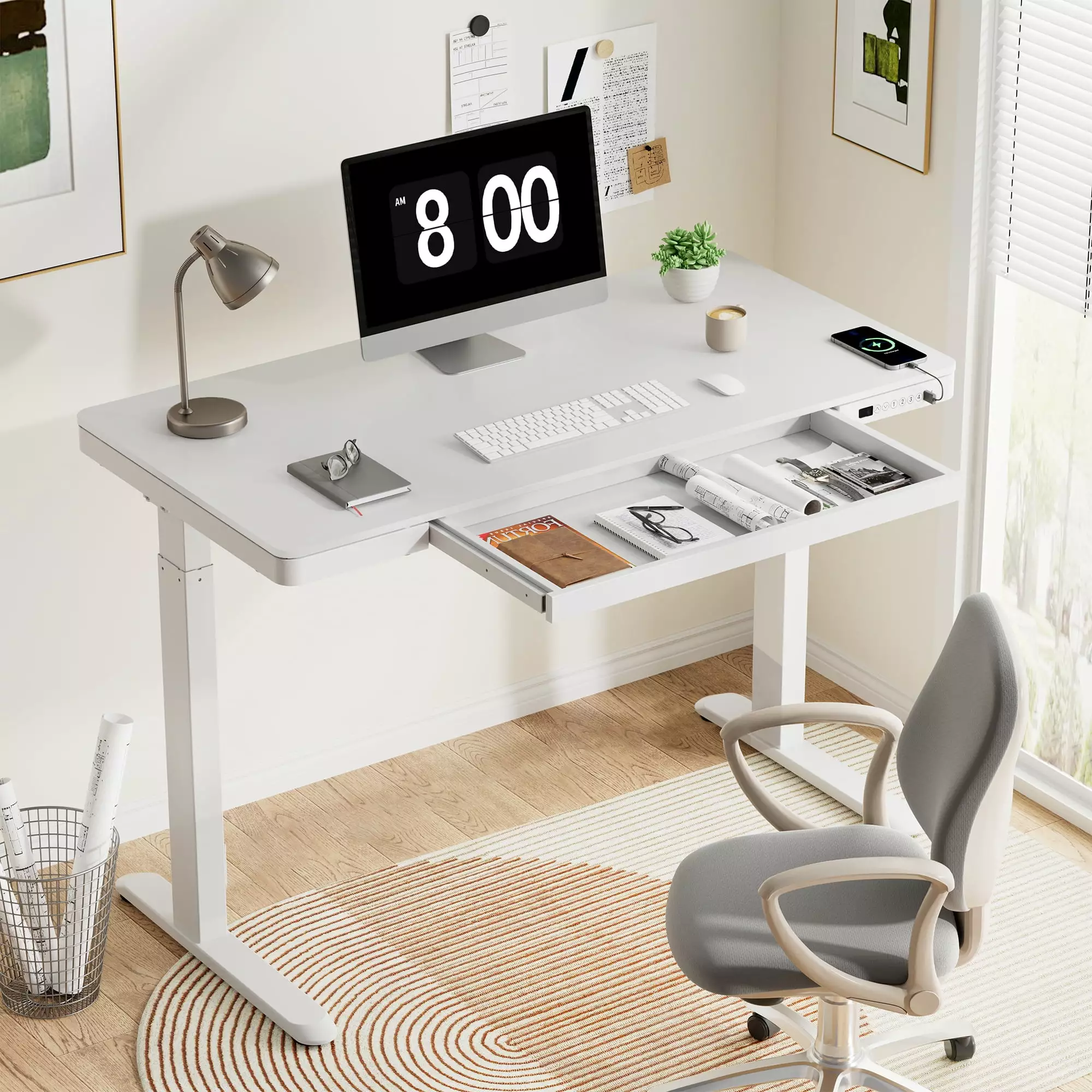 ACTIVESIT 48 W Home Office Height Adjustable Standing Desk White Chipboard Top with USB Charge Ports. Drawer