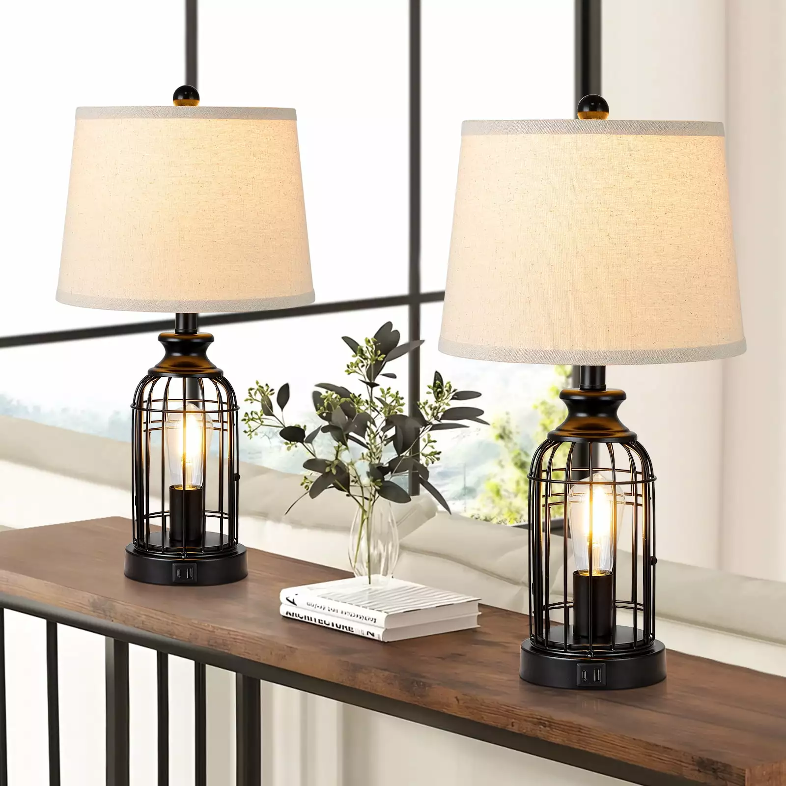 AKASUKI Black Table Lamps Set of 2 with Nightlight. 23'' Touch Metal Lamp for Nightstand. Bedrooms. Living Rooms with Charging Port. 3 Way Dimmable (Included 4 LED Bulbs)