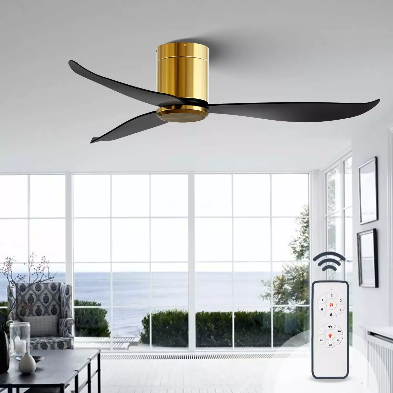 ALUOCYI 52inch Flush Mount Ceiling Fan with Remote.Modern Low Profile Ceiling Fan without Light.Black and Gold