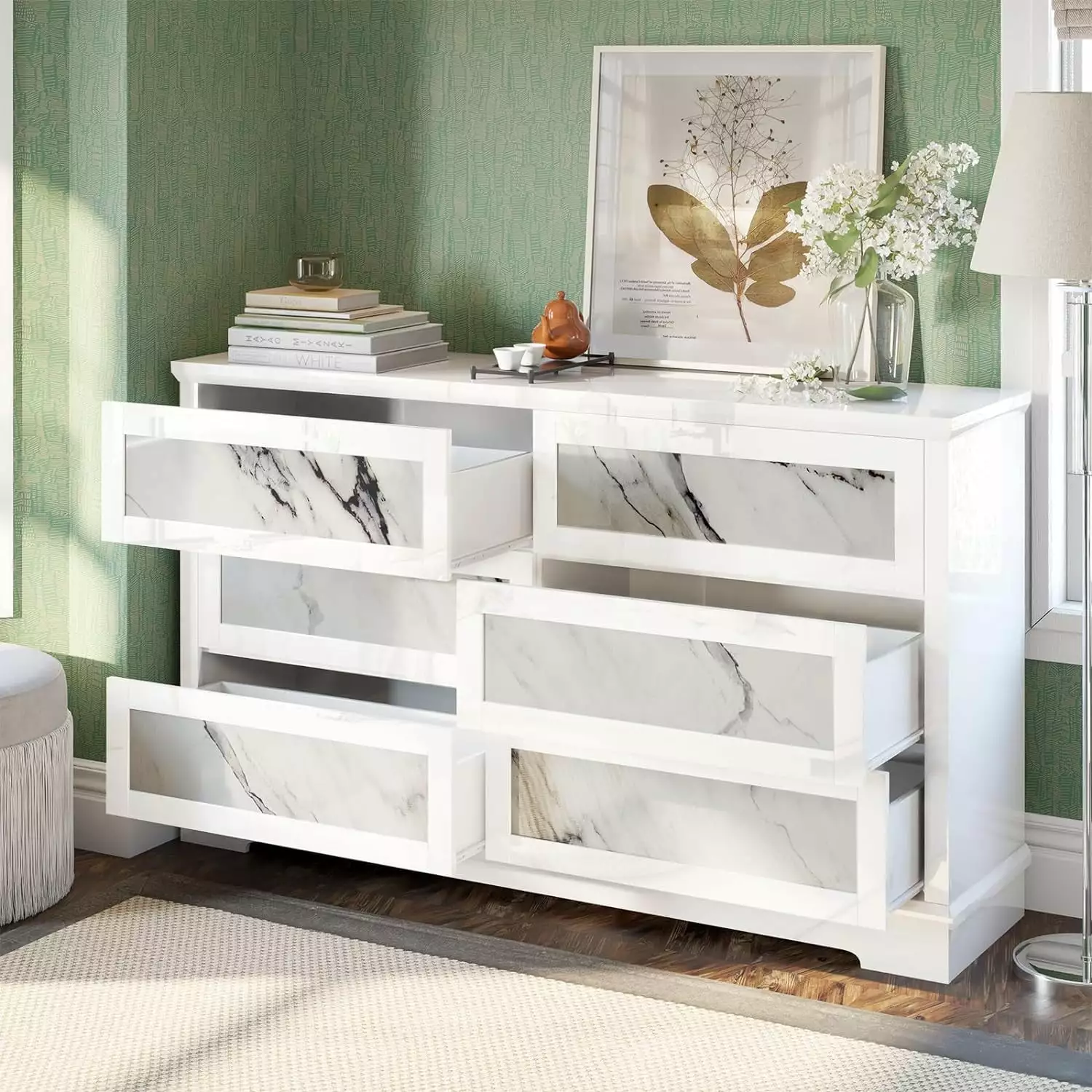 AMERLIFE High-Gloss 6 Drawer Dresser. 54 Natural Marble Chest of Drawers No Handles. Modern. White