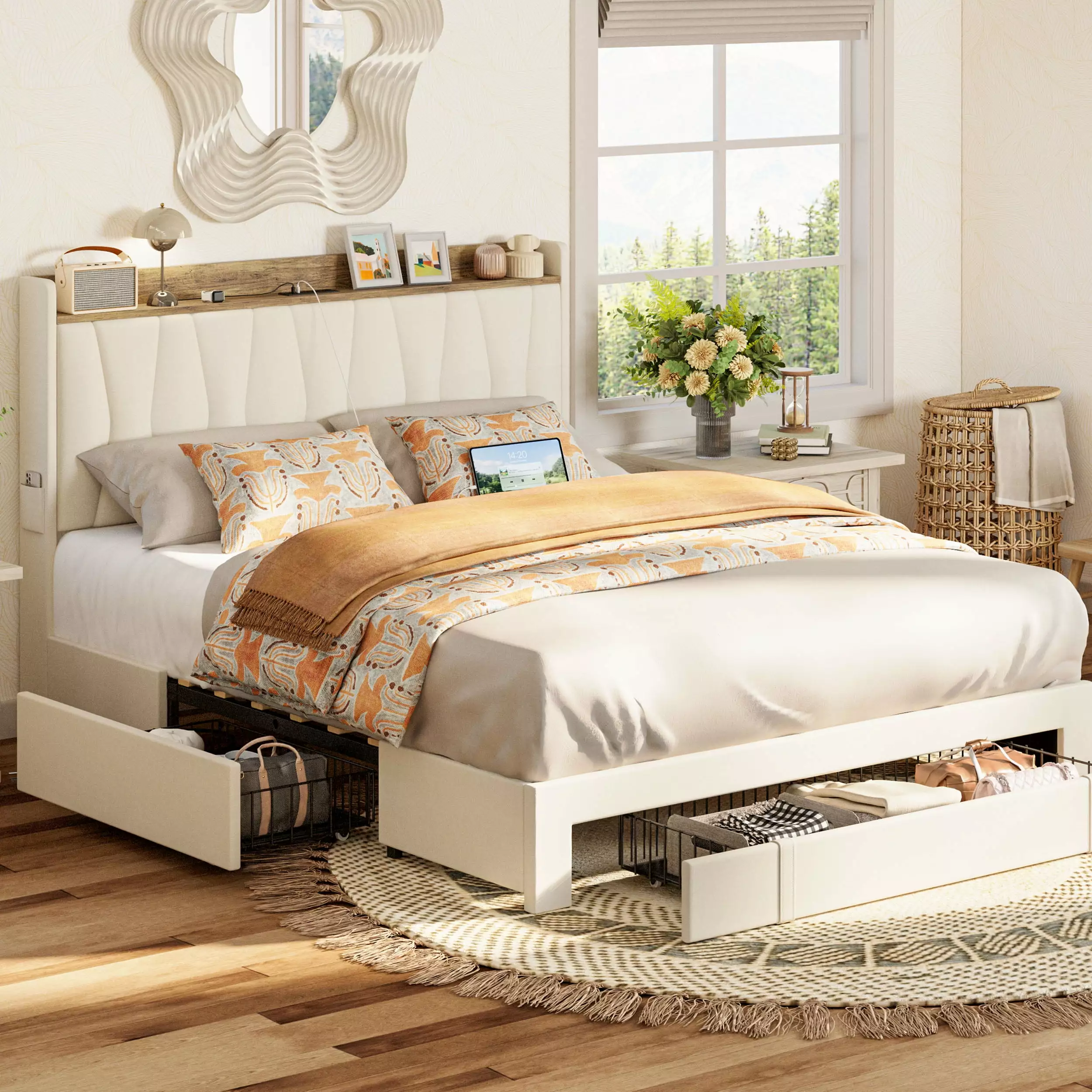 ANCTOR Queen Bed Frame with Upholstered Storage Headboard for Adult. 3 Drawers. Charging Station