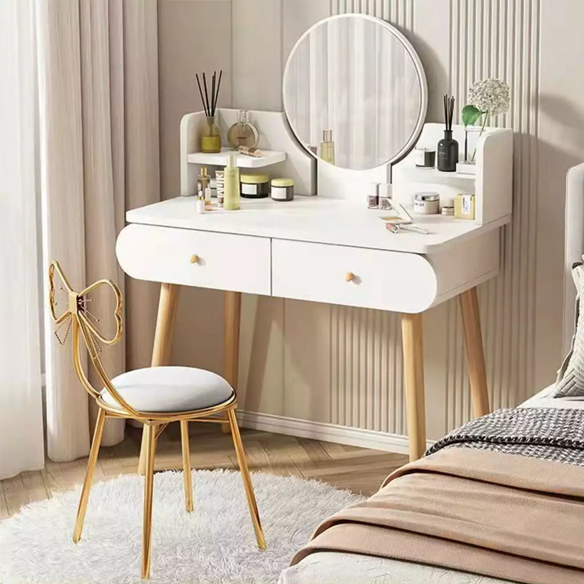 ANJORALA White Vanity Table Set with Mirror. Modern Makeup Vanity Desk Dressing Table with 2 Drawers & 2 Shelves(Without Stool)