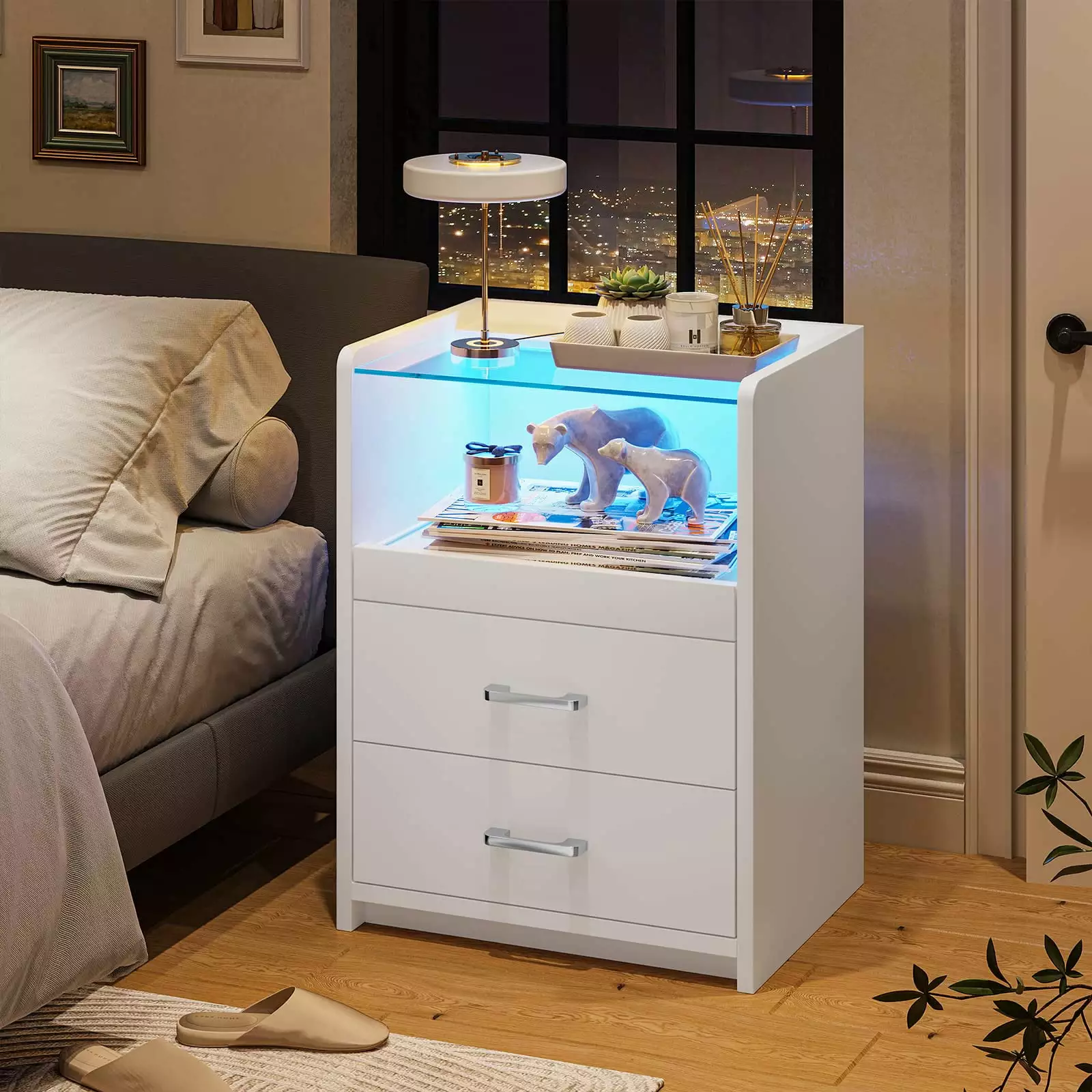 AOGLLATI Nightstand with Charging Station and LED Lights. Glass Top.Night Stand with Drawers & Open Storage Shelf. White