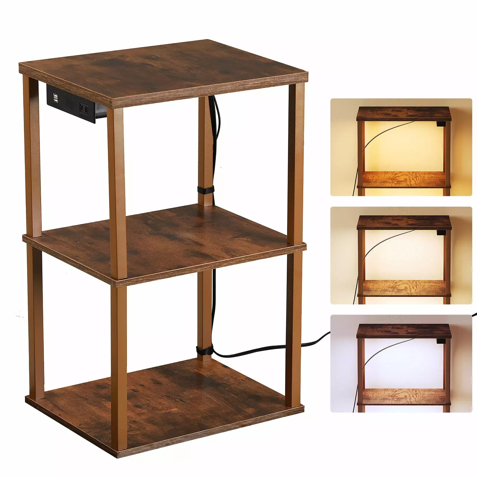 AOHAO Side Tables with Dimmable Light. End Table 3-Tier Bedside Table with Sturdy Metal Frame. Tall Nightstand for Bedroom. Living Room. Sofa