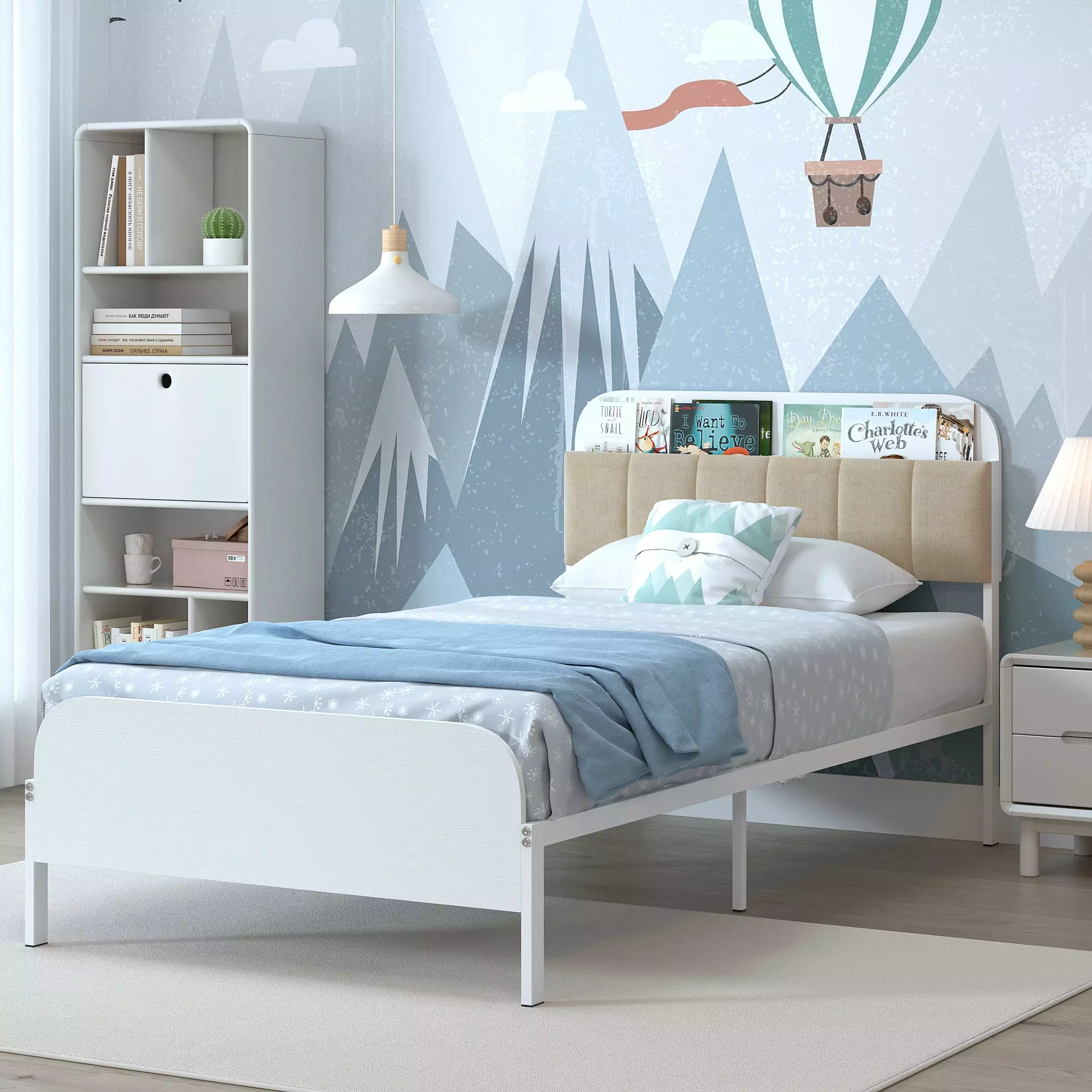 Aromei Kids Twin Metal Platform Bed Frame with Upholstered Storage Headboard Shelf for Girls. Boys and Teens. White Finish