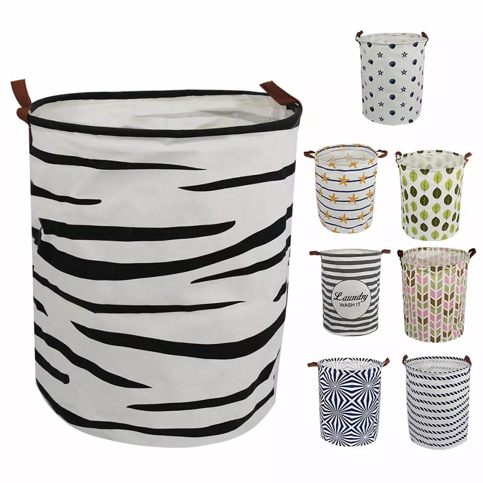 AUCHEN Laundry Hamper. Large Waterproof Cotton Fabric Laundry Baskets with 2 Handles - 19.7Hx 15.7Wx 15.7L - Dirty Clothes. Kids Baby Toys Organizer(Round - Black Wave)